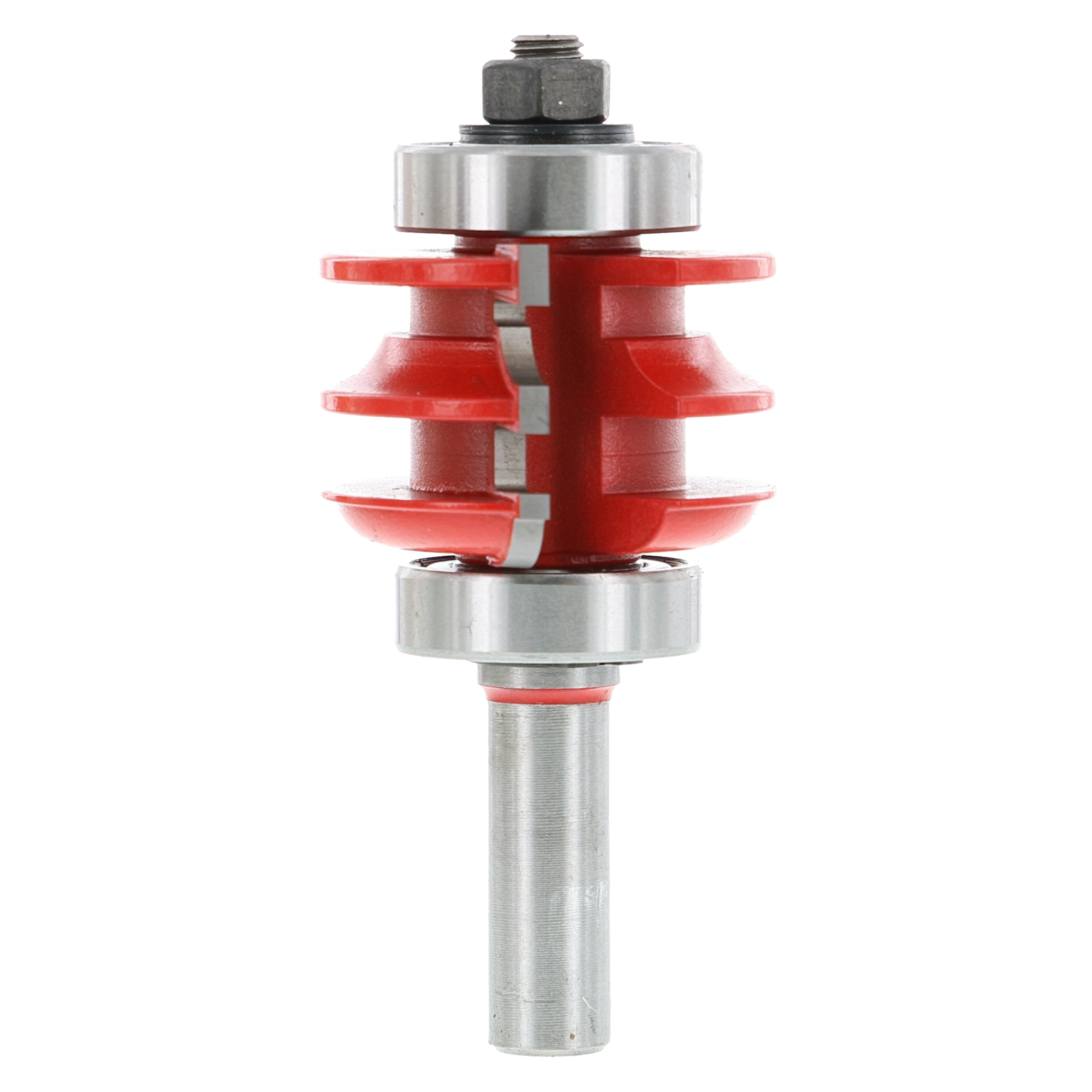 Red and steel rail and stile router bit with multiple cutting edges and cylindrical shank.
