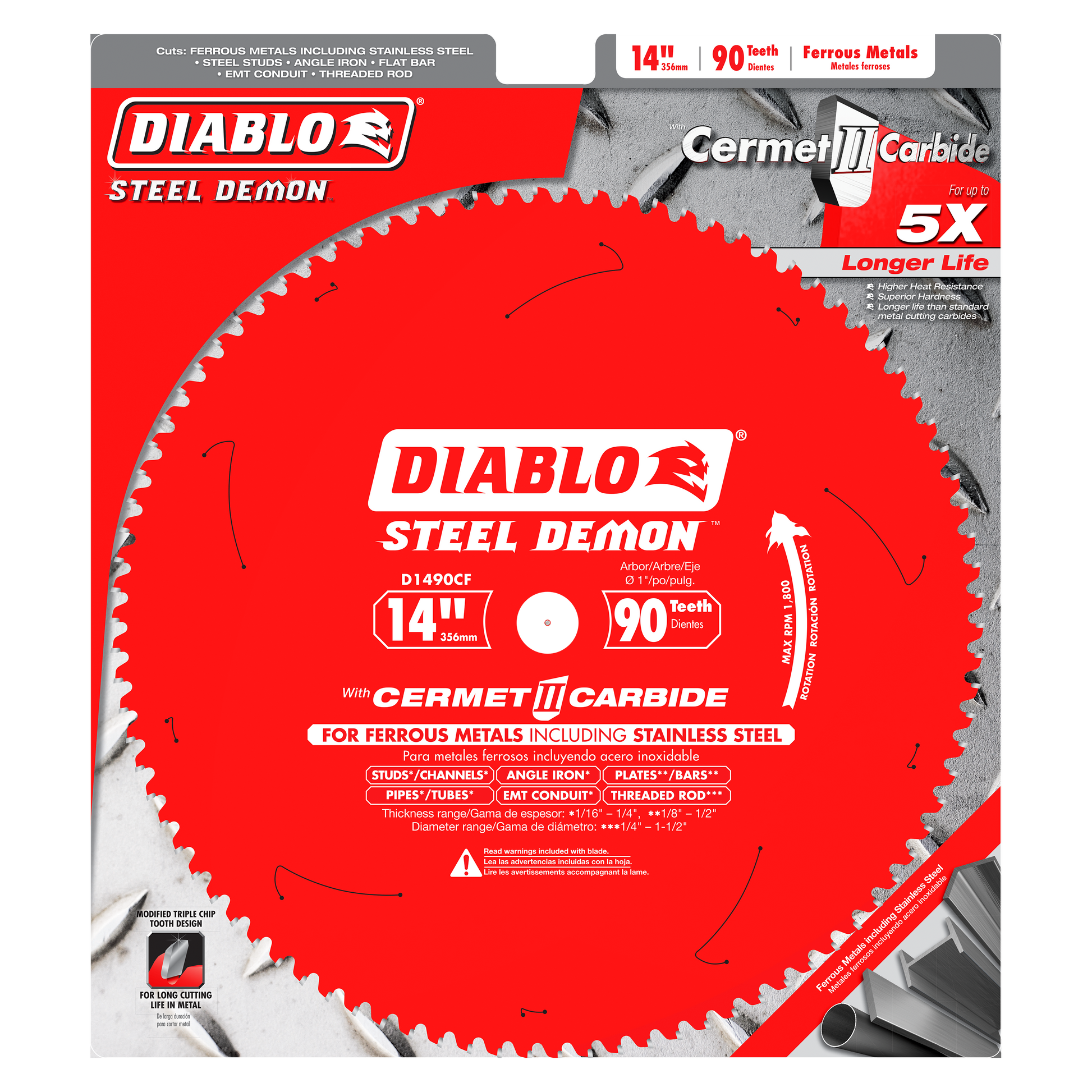 Diablo Steel Demon 14 inch circular saw blade with 90 teeth and cermet carbide coating for cutting ferrous metals and stainle