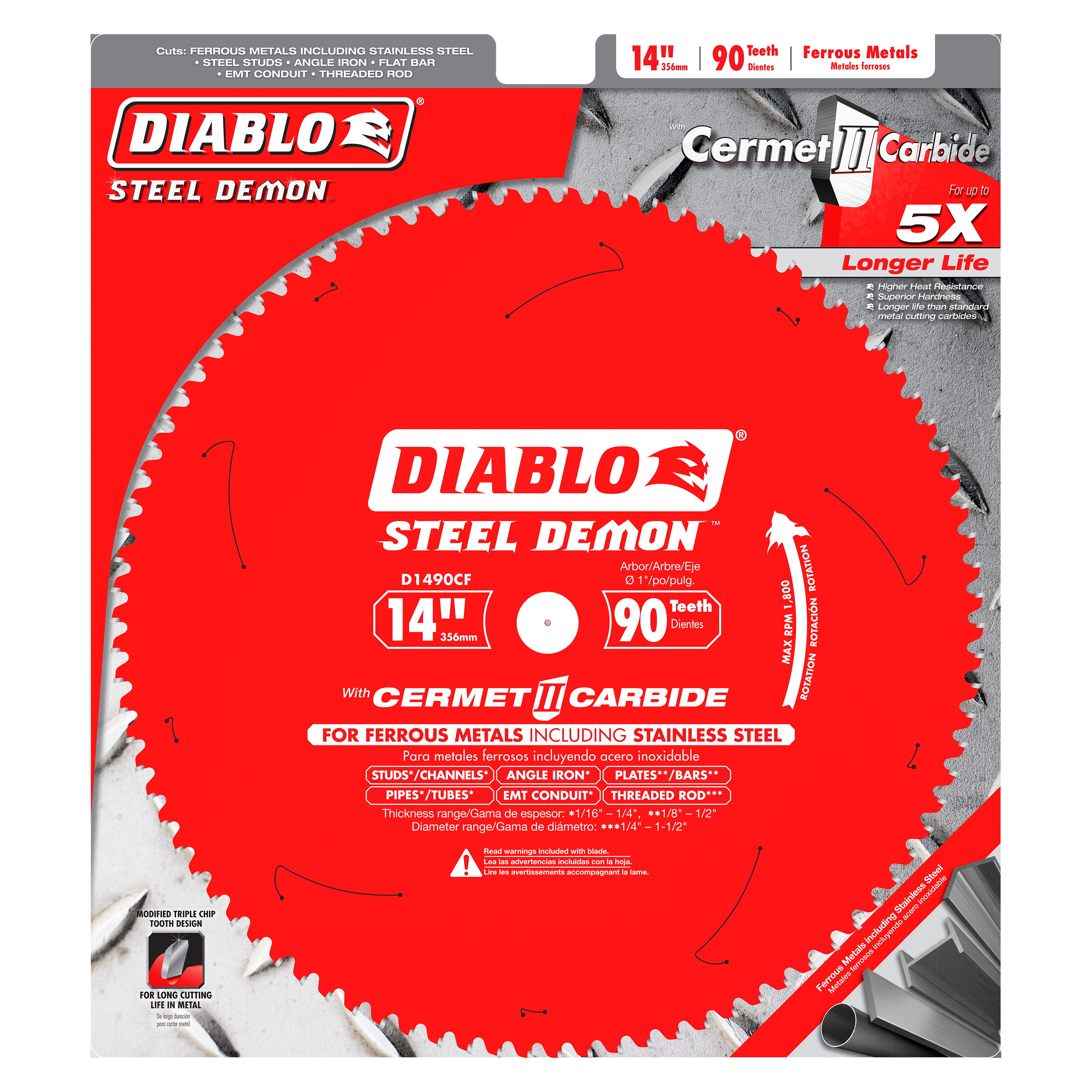 Diablo Steel Demon 14 inch circular saw blade with 90 teeth and cermet carbide coating for cutting ferrous metals and stainle