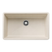 Soft white single bowl undermount sink with rounded corners and chrome drain strainer.