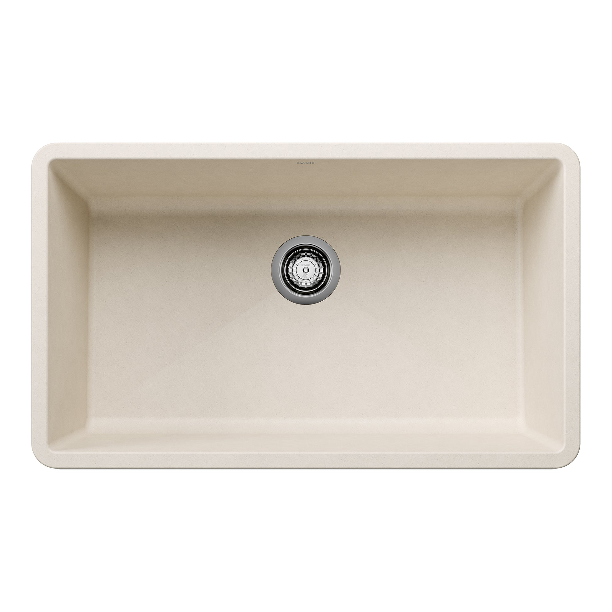 Soft white single bowl undermount sink with rounded corners and chrome drain strainer.