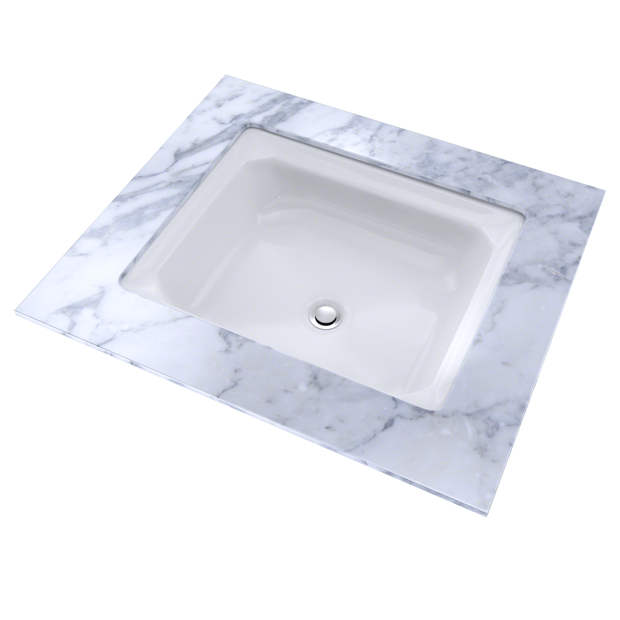 White rectangular undermount sink with chrome drain fitting set in marble-patterned countertop surface.