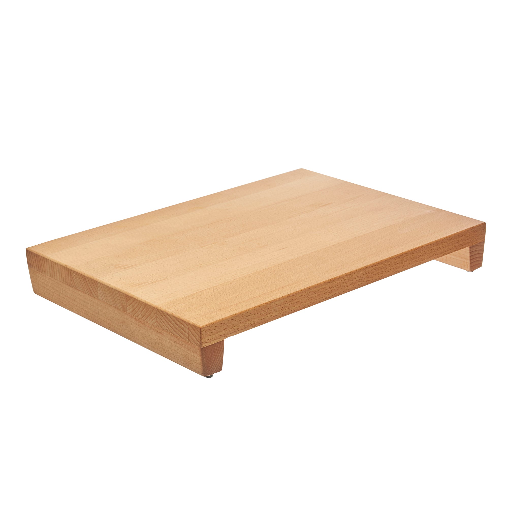 Rectangular beechwood cutting board with raised edges and integral feet for sink placement.