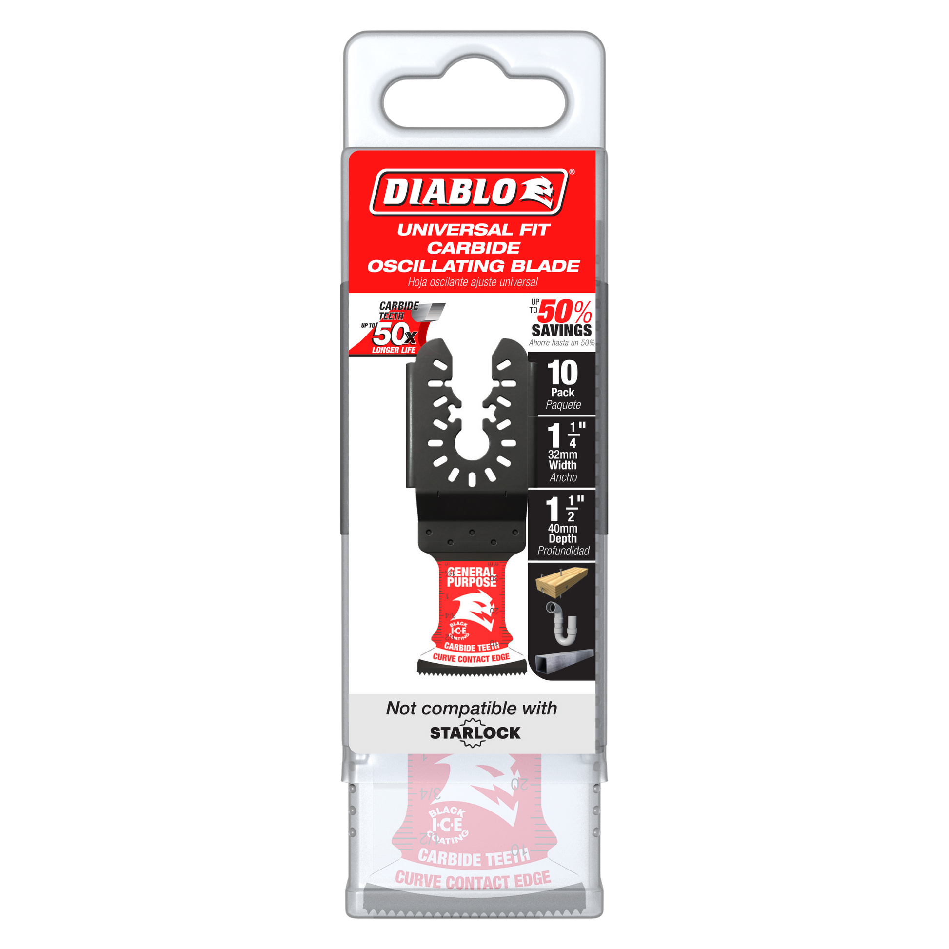 Diablo 1-1/4 inch carbide oscillating blade with curved cutting edge in retail packaging showing 10-pack contents.