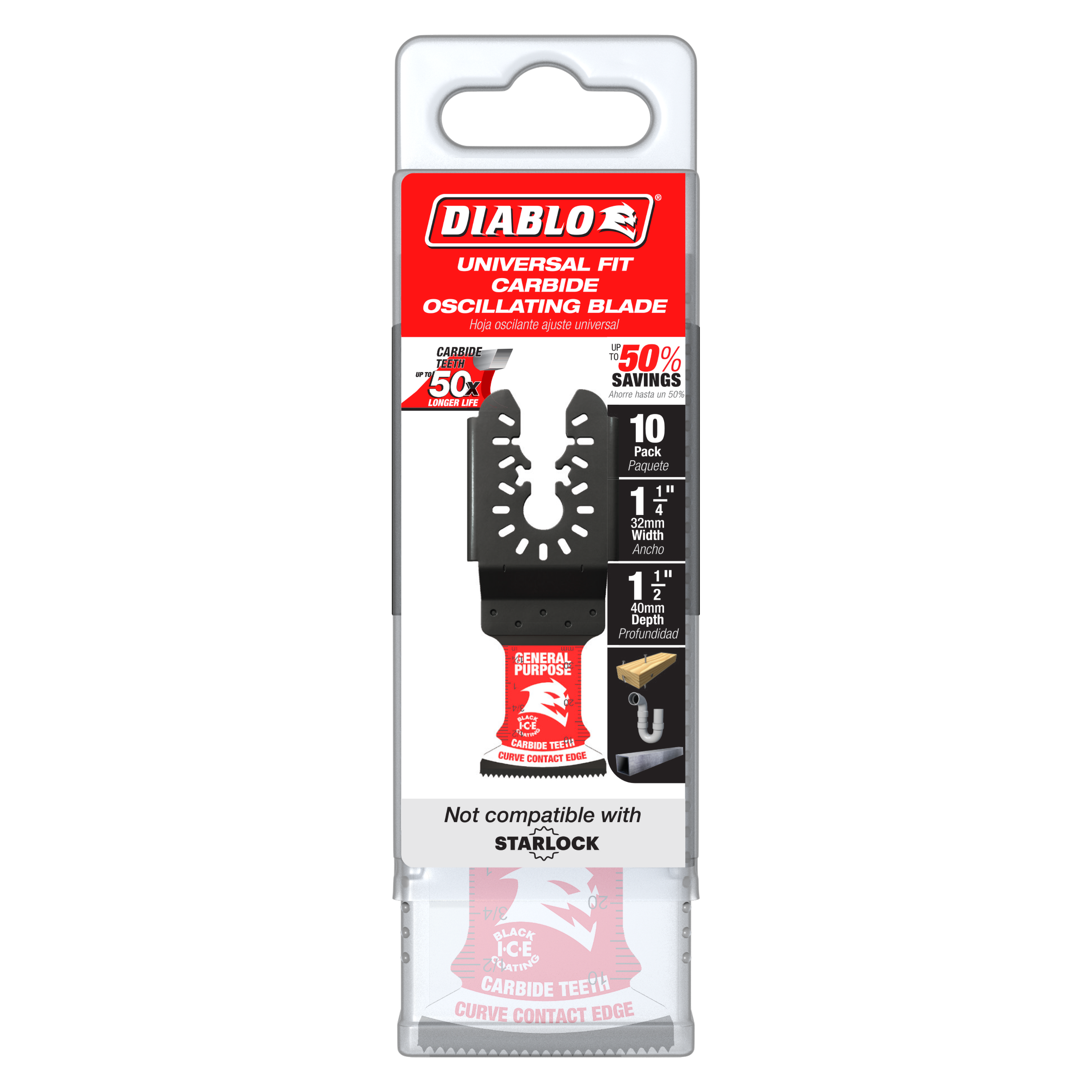 Diablo 1-1/4 inch carbide oscillating blade with curved cutting edge in retail packaging showing 10-pack contents.
