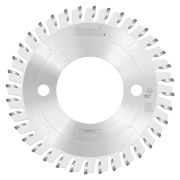 Freud 200mm conical scoring saw blade with silver carbide teeth and center hole for mounting.