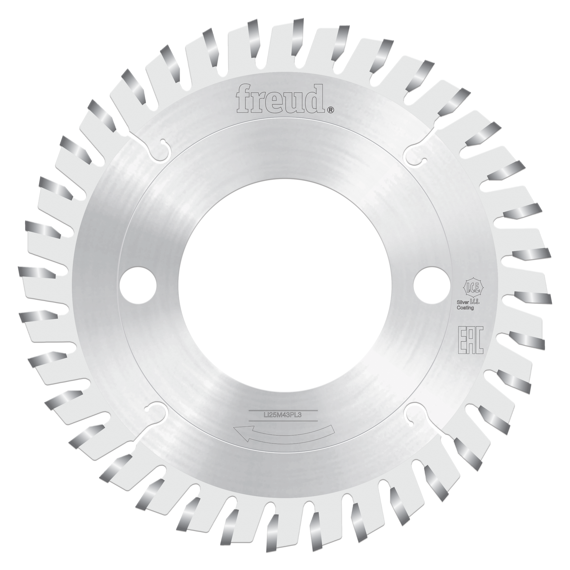 Freud 200mm conical scoring saw blade with silver carbide teeth and center hole for mounting.