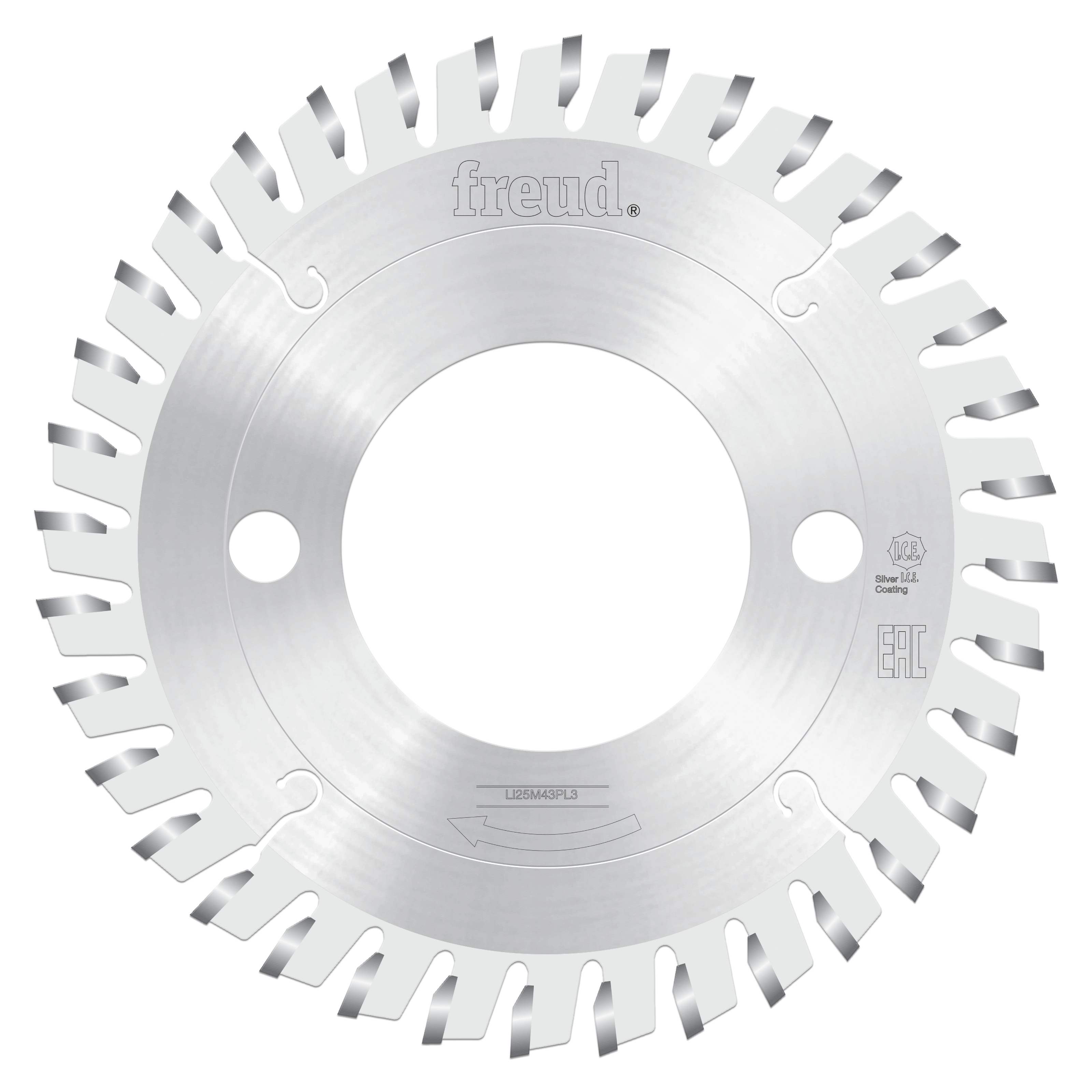 Freud 200mm conical scoring saw blade with silver carbide teeth and center hole for mounting.