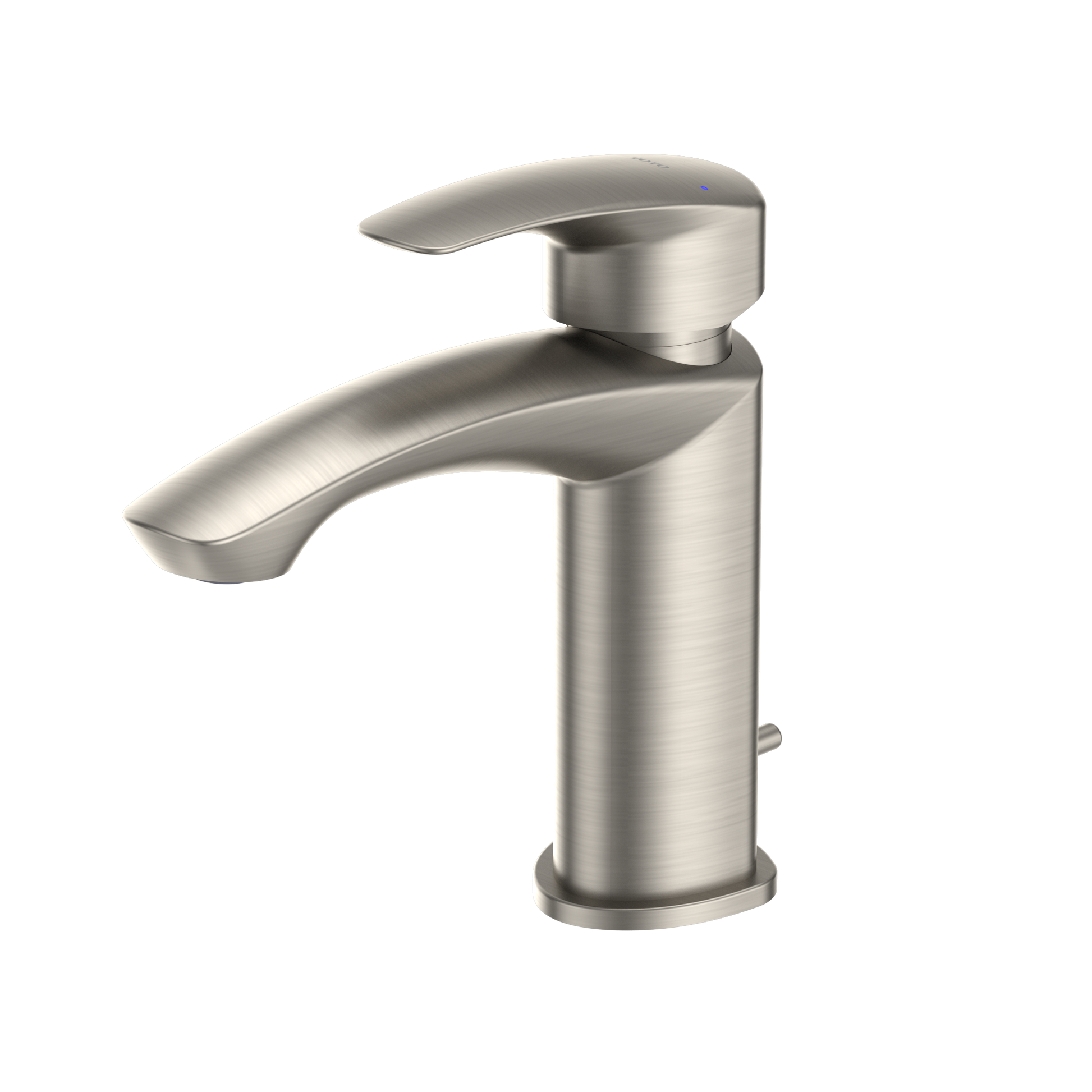 Brushed nickel single-handle bathroom sink faucet with curved spout and cylindrical body.