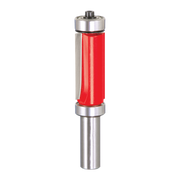 Router bit with red cutting head, metal bearings at top and bottom, and cylindrical steel shank for flush trim applications.