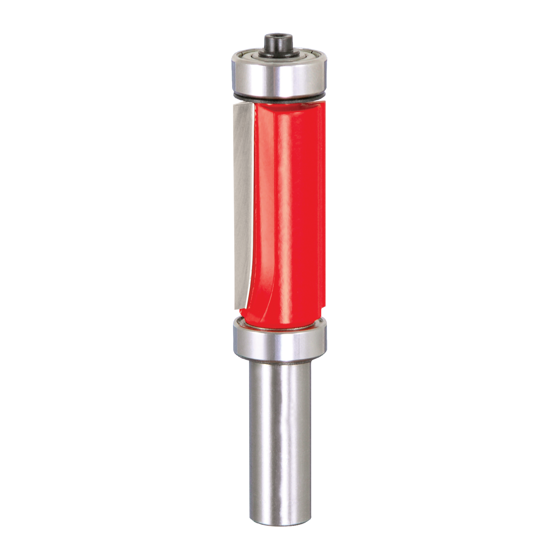 Router bit with red cutting head, metal bearings at top and bottom, and cylindrical steel shank for flush trim applications.