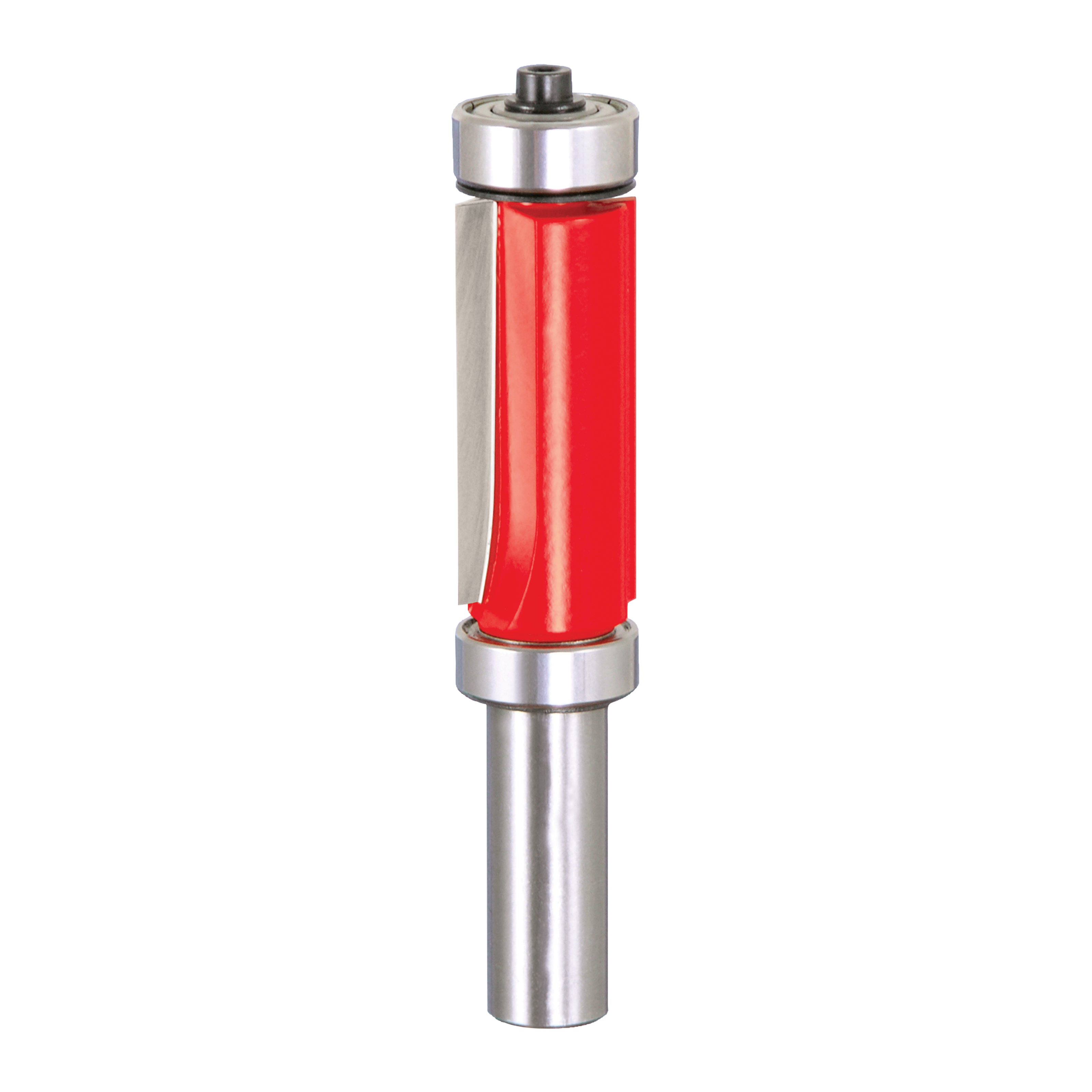 Router bit with red cutting head, metal bearings at top and bottom, and cylindrical steel shank for flush trim applications.