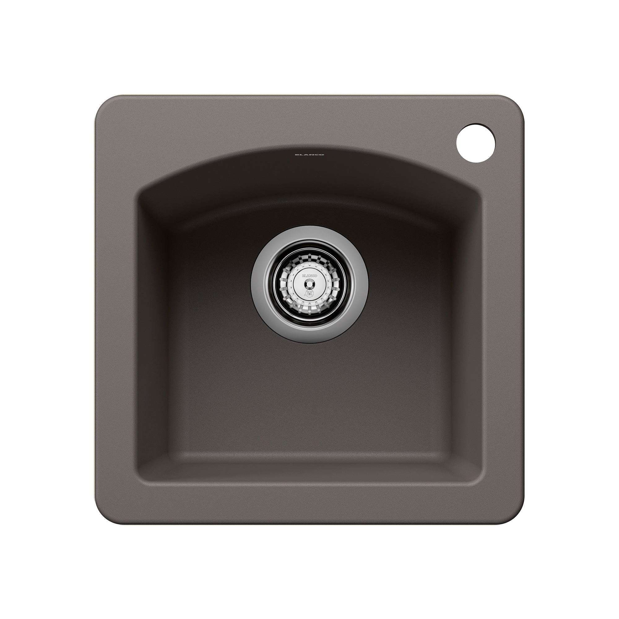 Volcano grey composite sink with single basin, chrome drain fitting, and rounded corners for countertop installation.