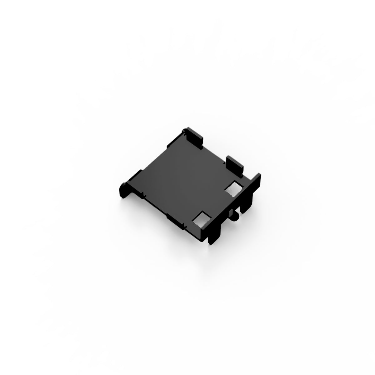 Matte black linear drain component with rectangular body, side brackets, and two small square openings on top surface.
