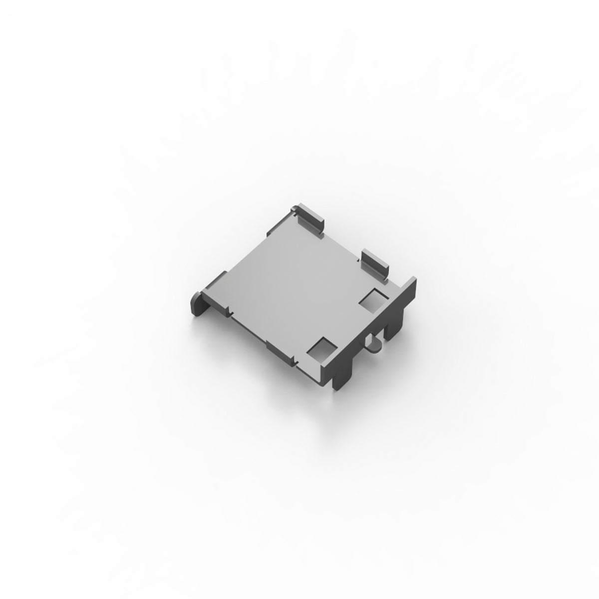 Satin stainless steel linear drain component with rectangular top plate and mounting brackets on sides.