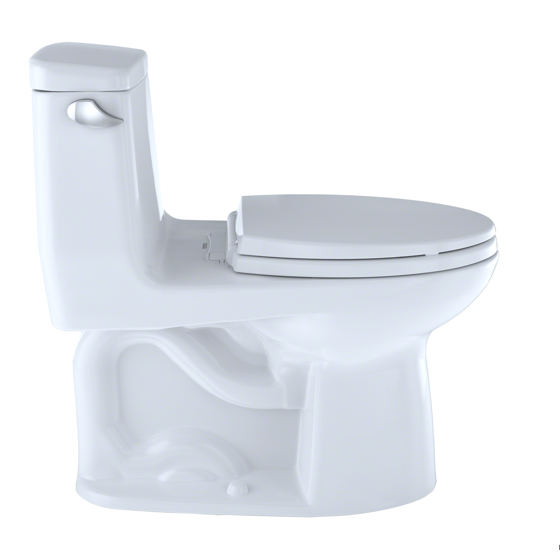 White one-piece elongated toilet with soft-close seat and integrated tank.