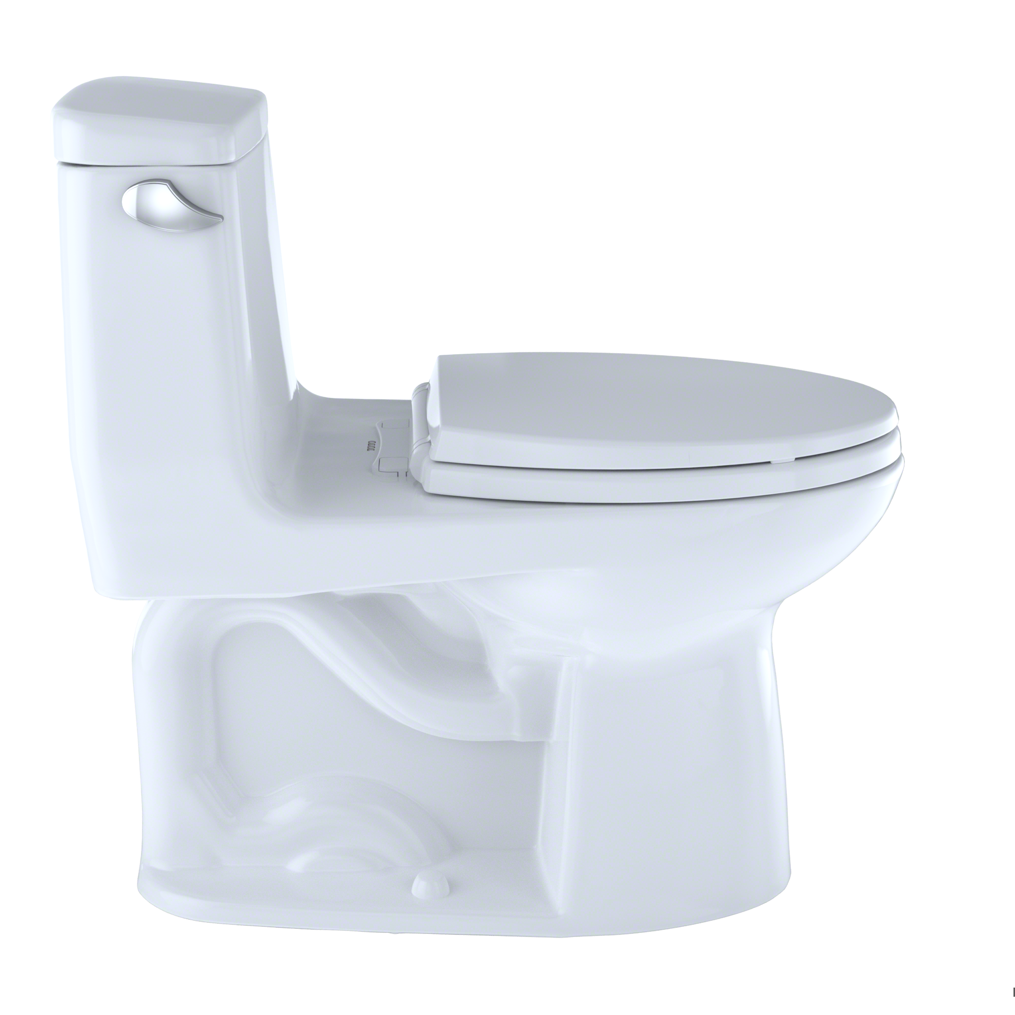 White one-piece elongated toilet with soft-close seat and integrated tank.