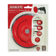 Diablo StickFast 5-inch sanding disc kit with red pad and three sanding discs in 40, 80, and 120 grit sizes.