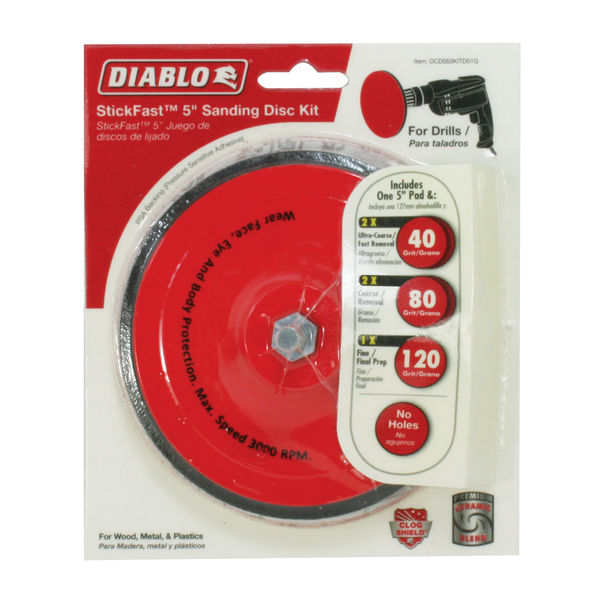 Diablo StickFast 5-inch sanding disc kit with red pad and three sanding discs in 40, 80, and 120 grit sizes.