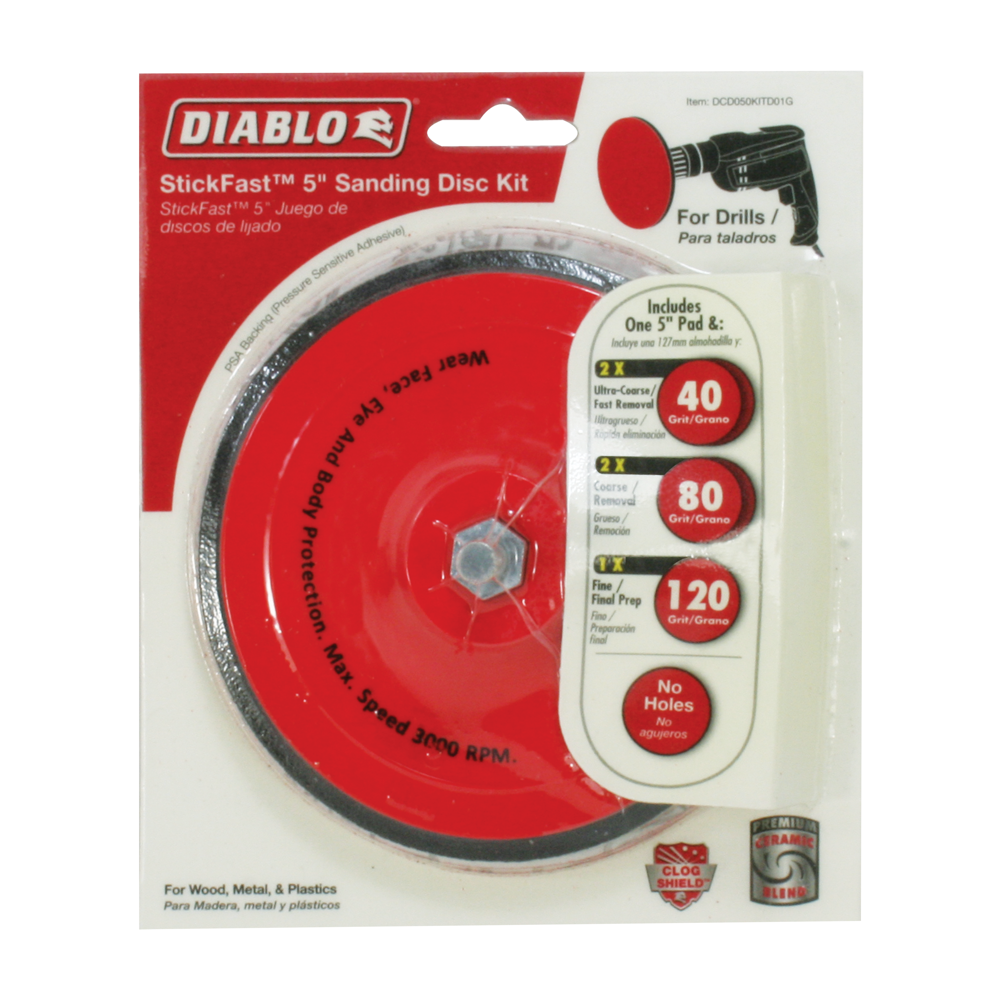 Diablo StickFast 5-inch sanding disc kit with red pad and three sanding discs in 40, 80, and 120 grit sizes.
