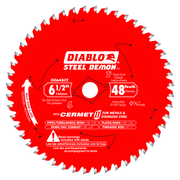 Red circular saw blade with 48 carbide teeth and center arbor hole, labeled Diablo Steel Demon for metal cutting.