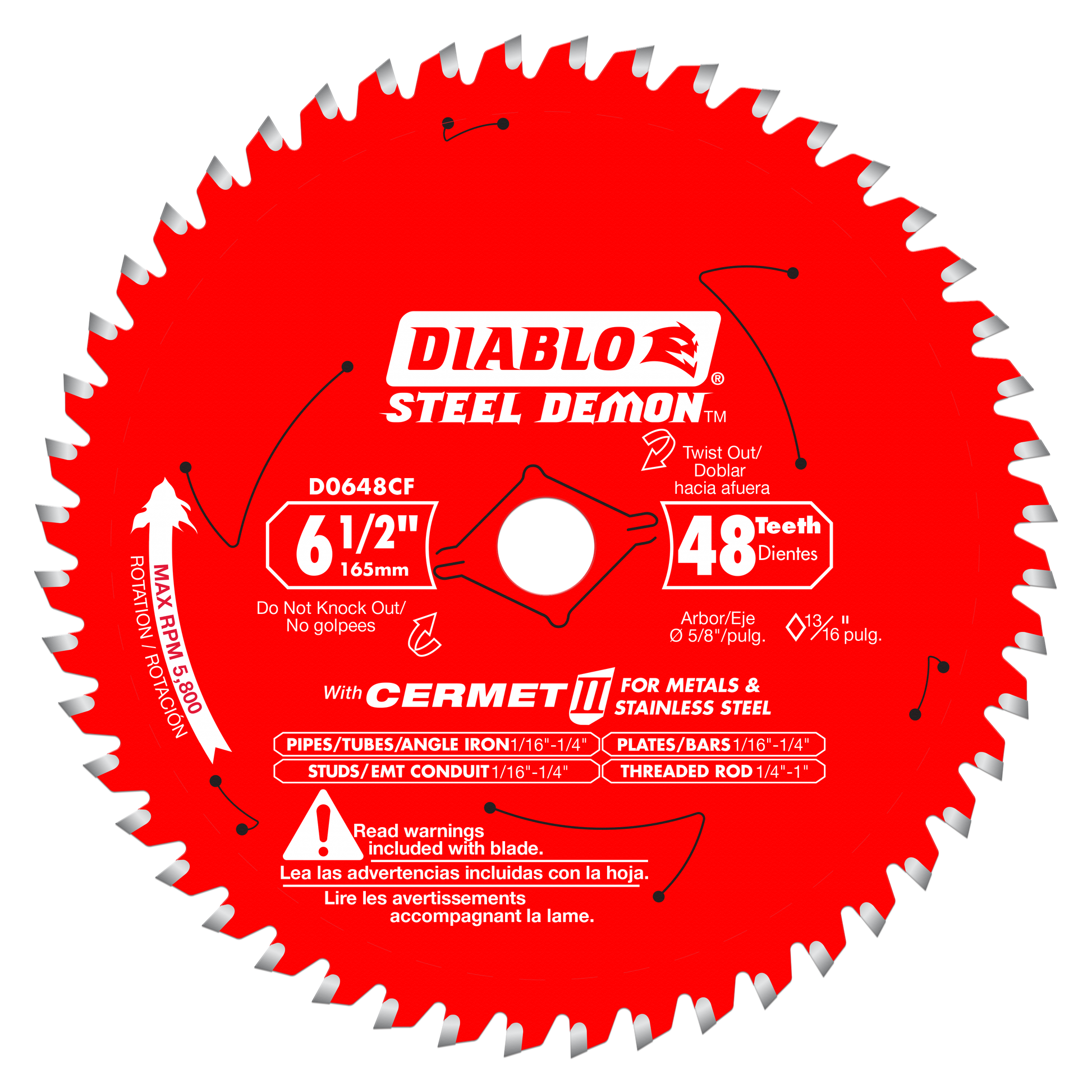 Red circular saw blade with 48 carbide teeth and center arbor hole, labeled Diablo Steel Demon for metal cutting.