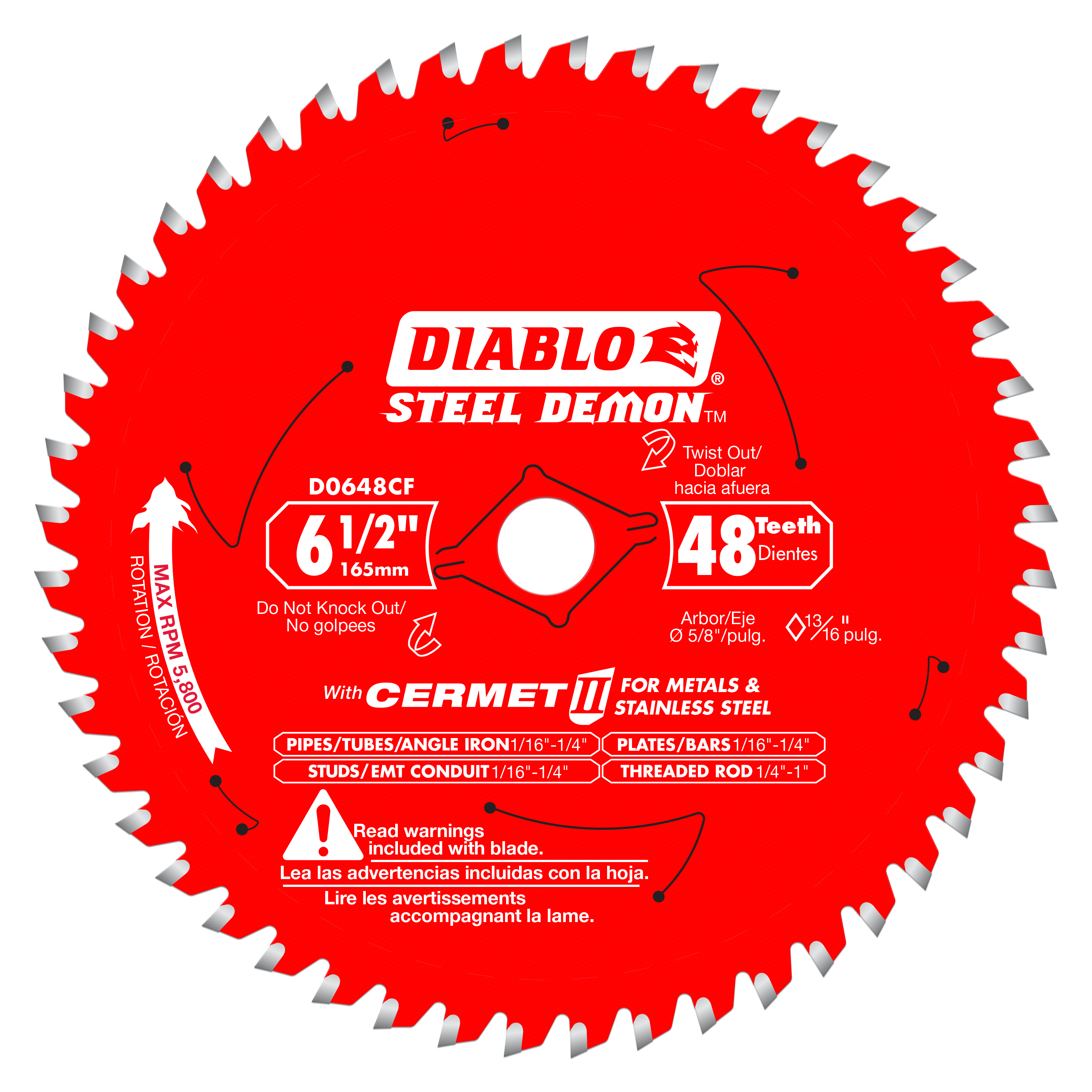 Red circular saw blade with 48 carbide teeth and center arbor hole, labeled Diablo Steel Demon for metal cutting.