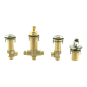 Four brass valve components with threaded connections and polished chrome fittings for a four-hole roman tub installation.