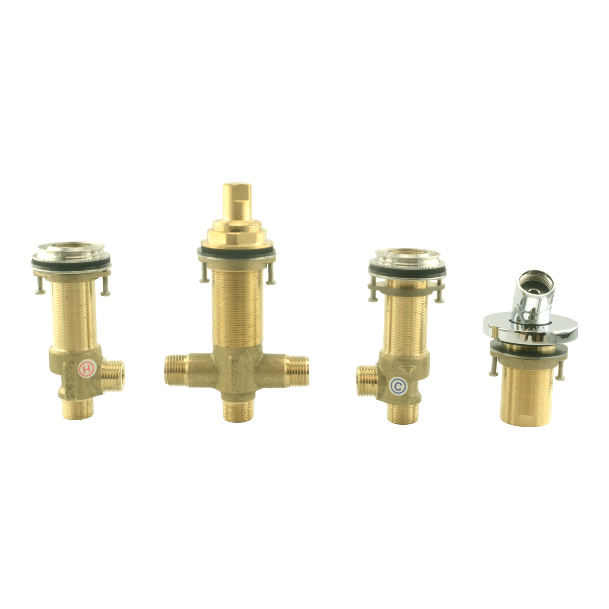 Four brass valve components with threaded connections and polished chrome fittings for a four-hole roman tub installation.