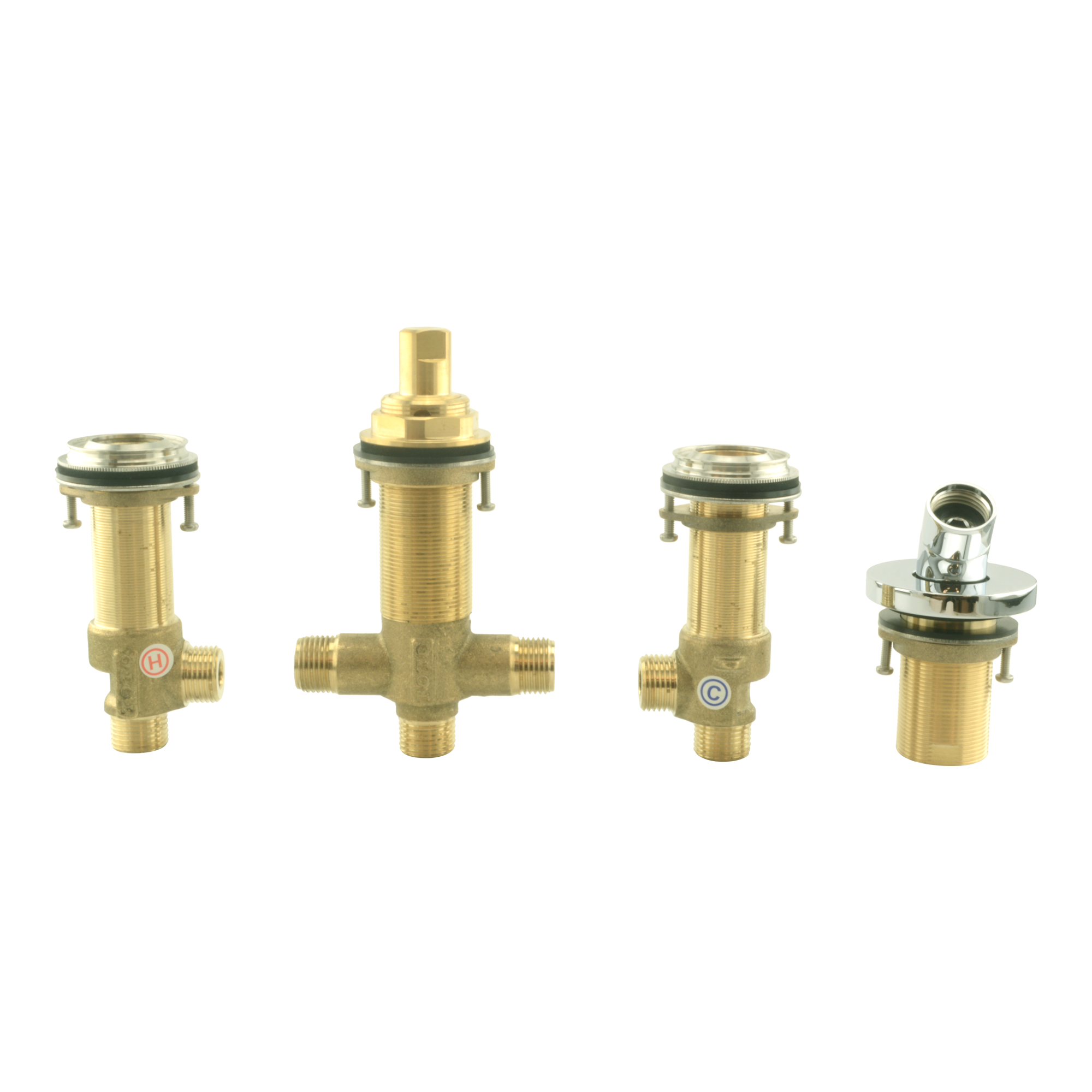 Four brass valve components with threaded connections and polished chrome fittings for a four-hole roman tub installation.