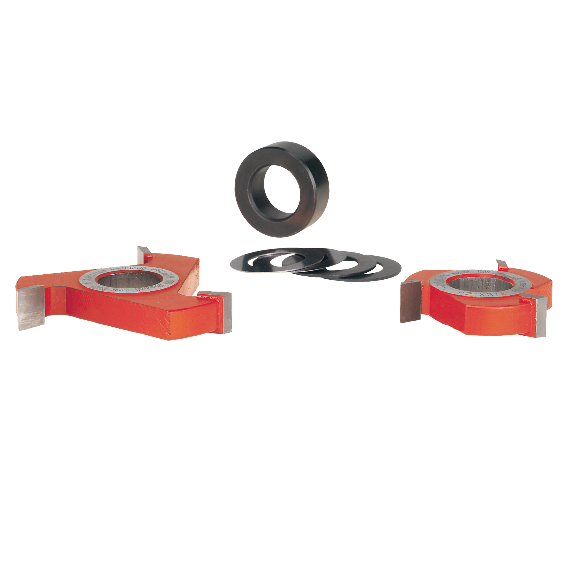 Freud glass door cutter tool set with red wing guides, metal cutting ring, and black spacing rings.