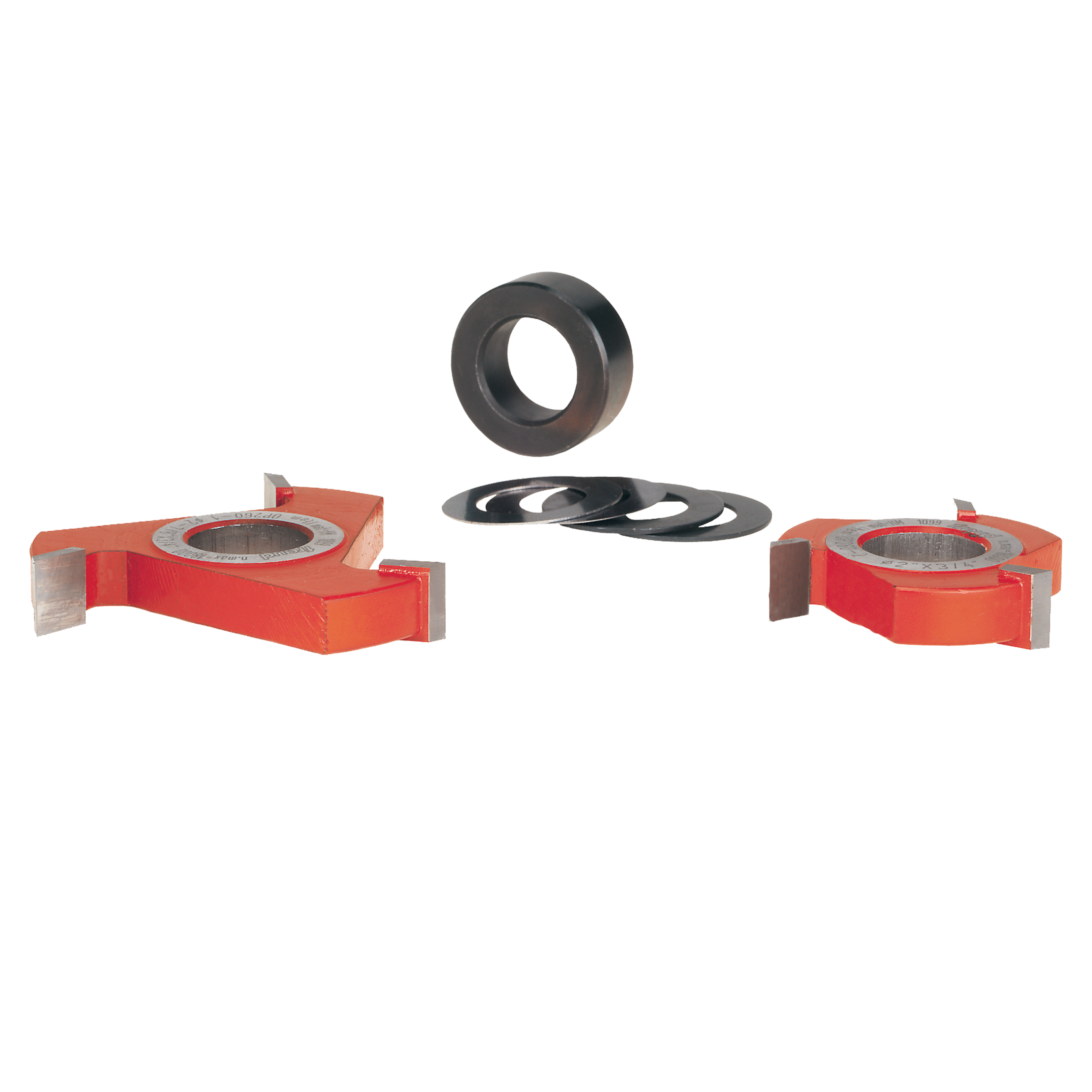 Freud glass door cutter tool set with red wing guides, metal cutting ring, and black spacing rings.