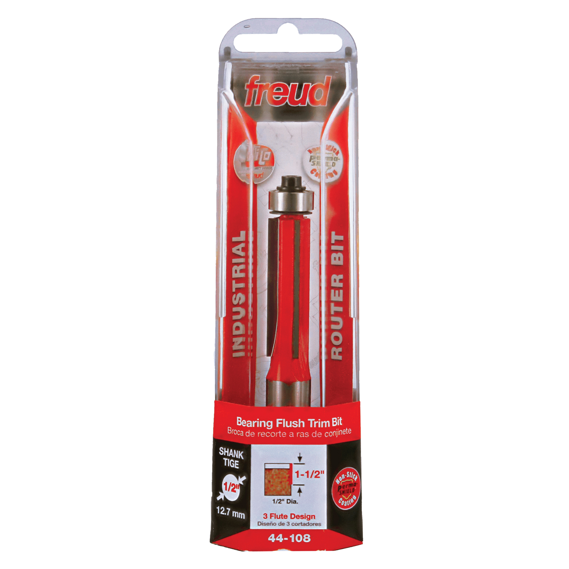 Freud bearing flush trim bit with red body, metal shank, and ball bearing guide in clear plastic packaging.