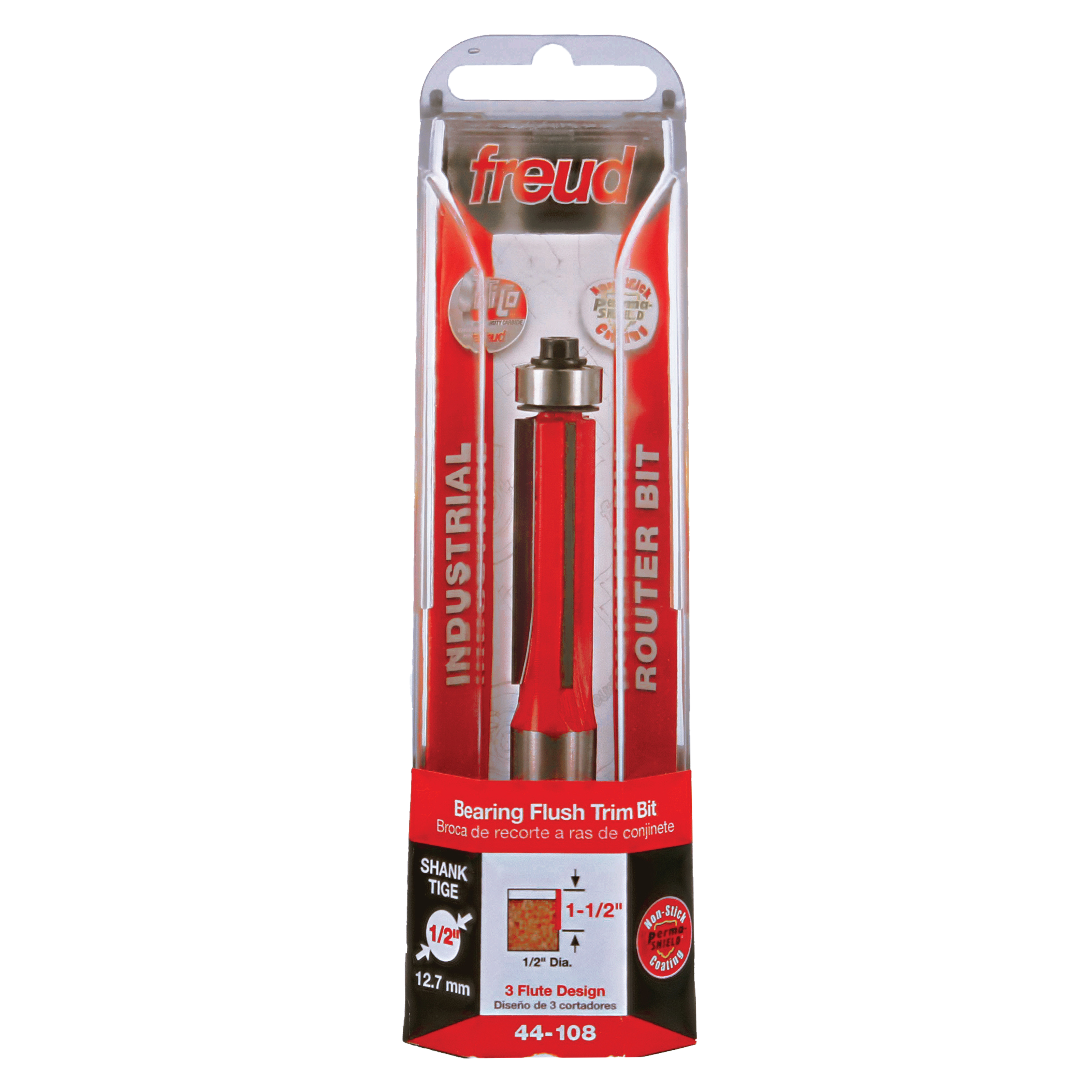 Freud bearing flush trim bit with red body, metal shank, and ball bearing guide in clear plastic packaging.