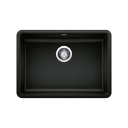 Coal black single bowl undermount kitchen sink with chrome drain basket and rounded corners, viewed from above.