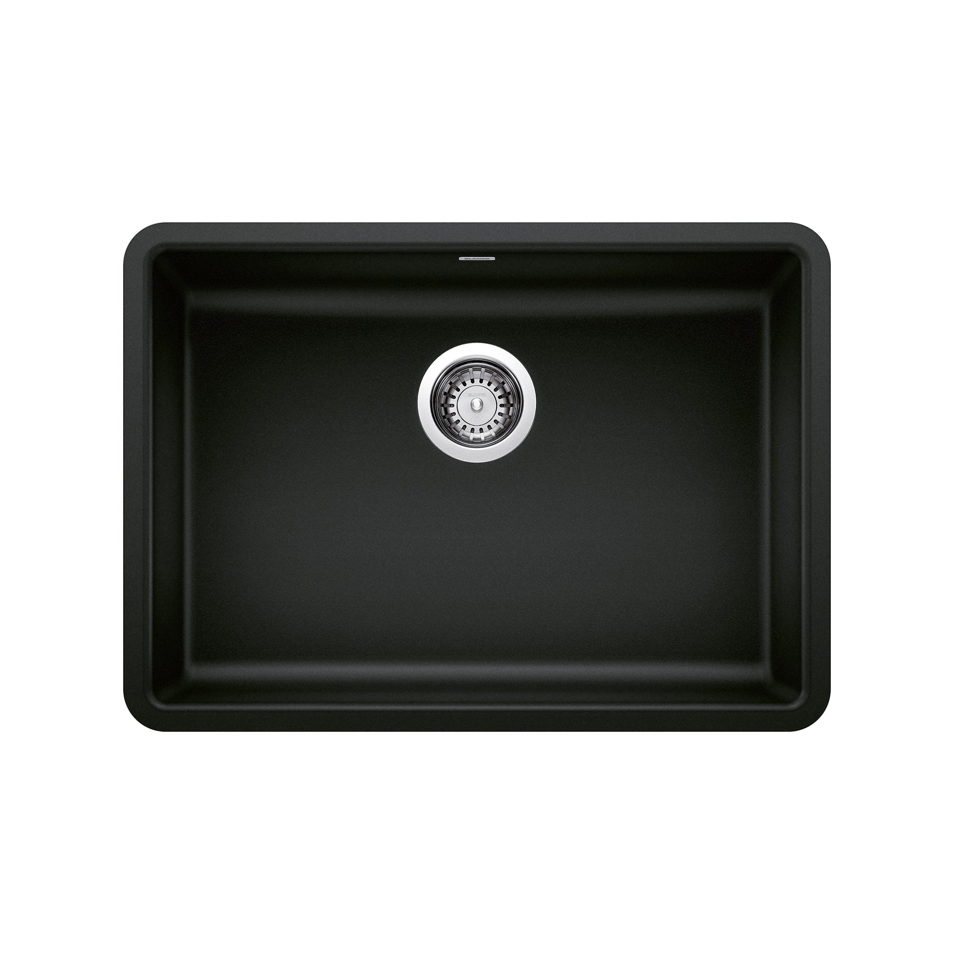 Coal black single bowl undermount kitchen sink with chrome drain basket and rounded corners, viewed from above.