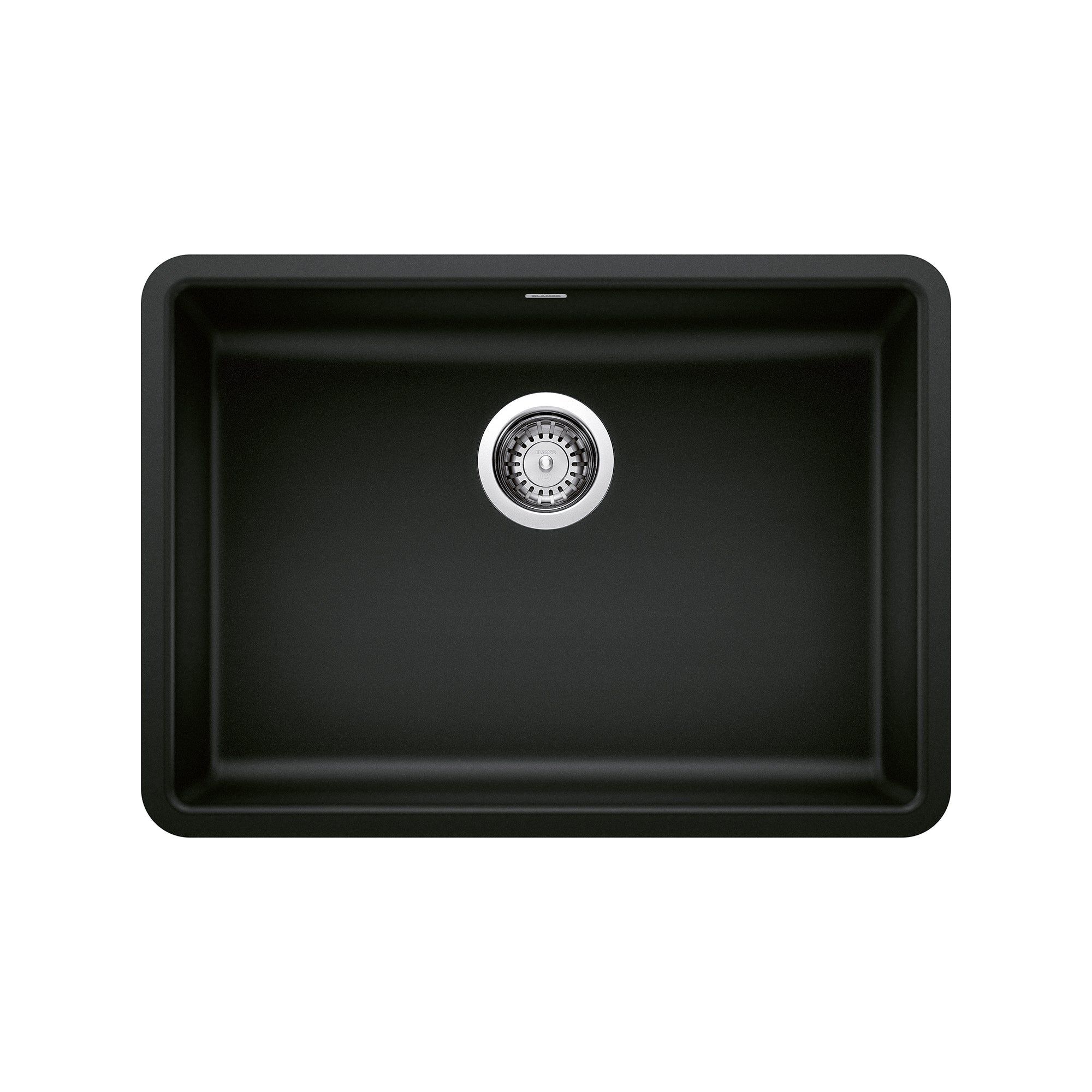 Coal black single bowl undermount kitchen sink with chrome drain basket and rounded corners, viewed from above.
