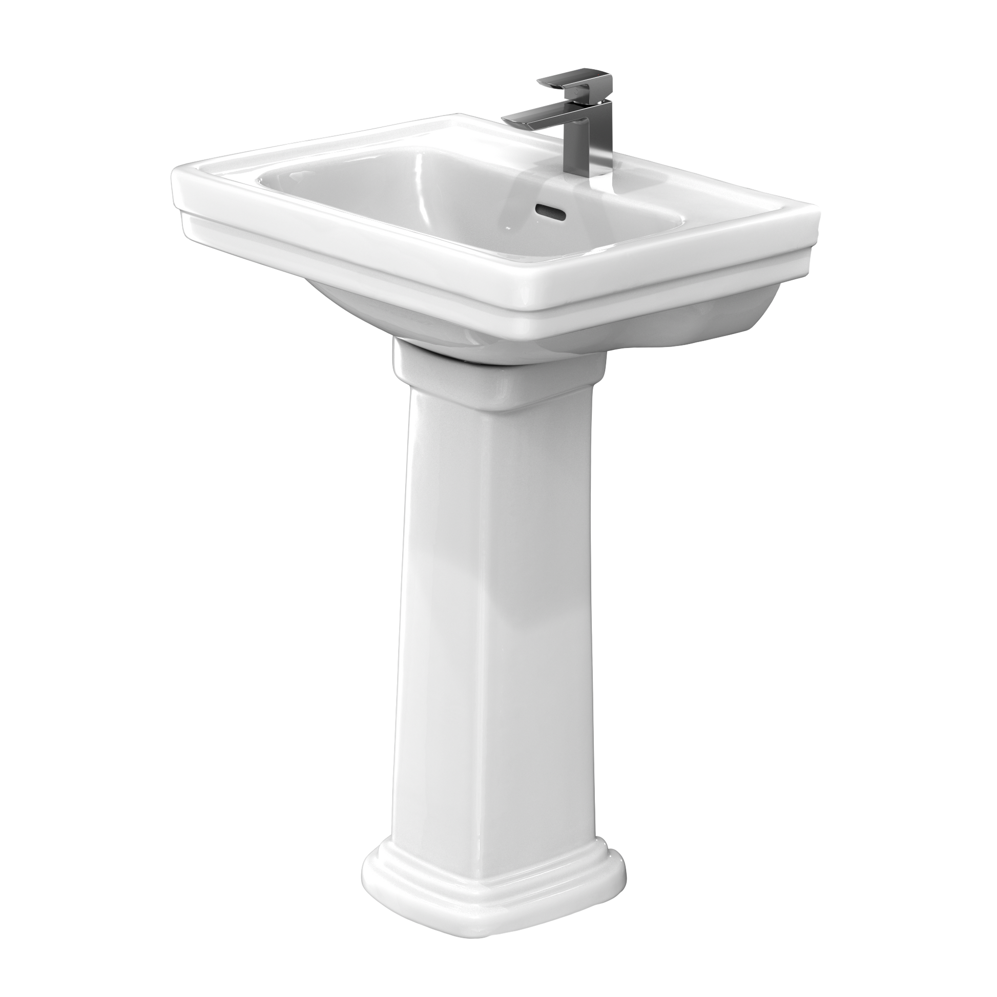White rectangular pedestal sink with single faucet hole and dark faucet mounted on top.