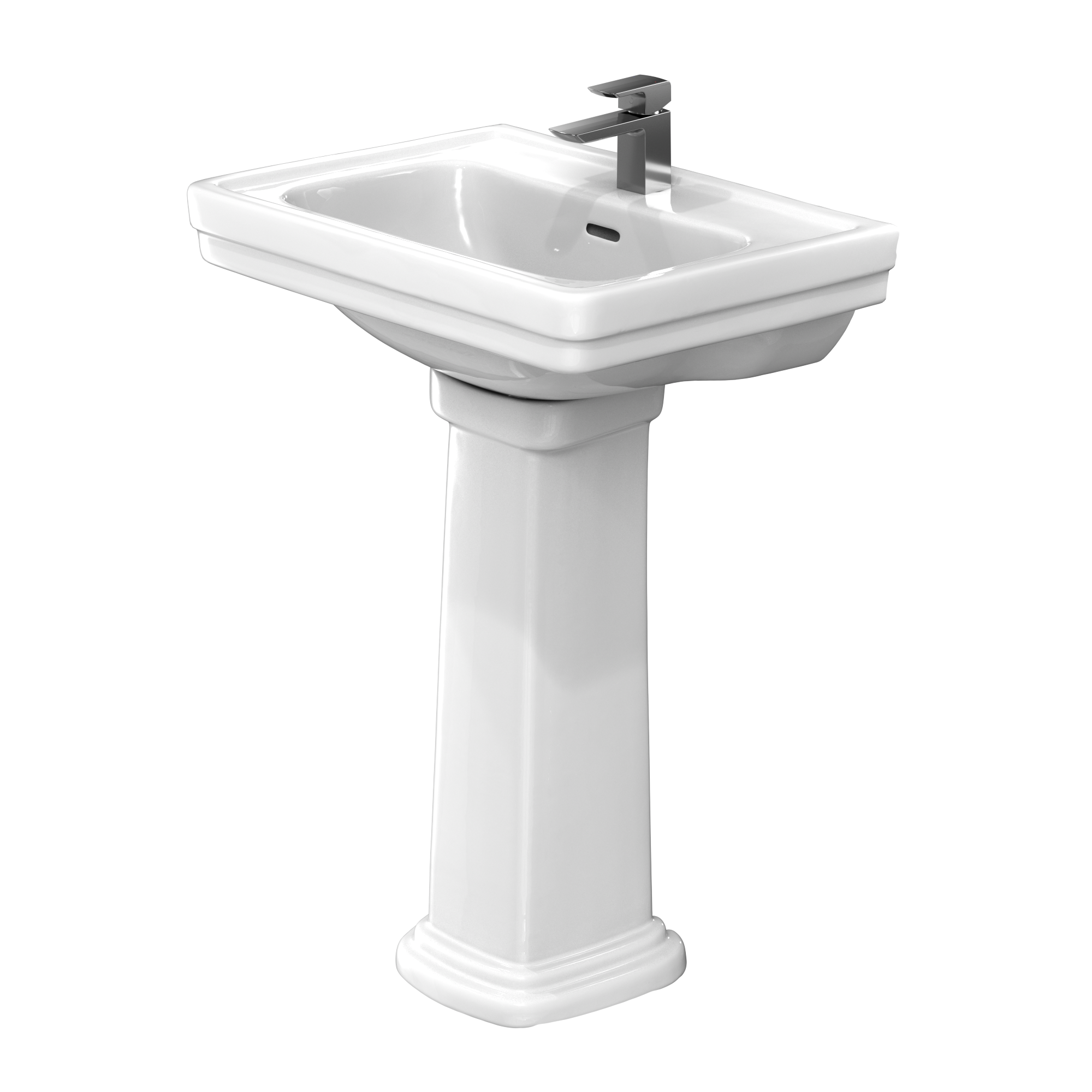 White rectangular pedestal sink with single faucet hole and dark faucet mounted on top.