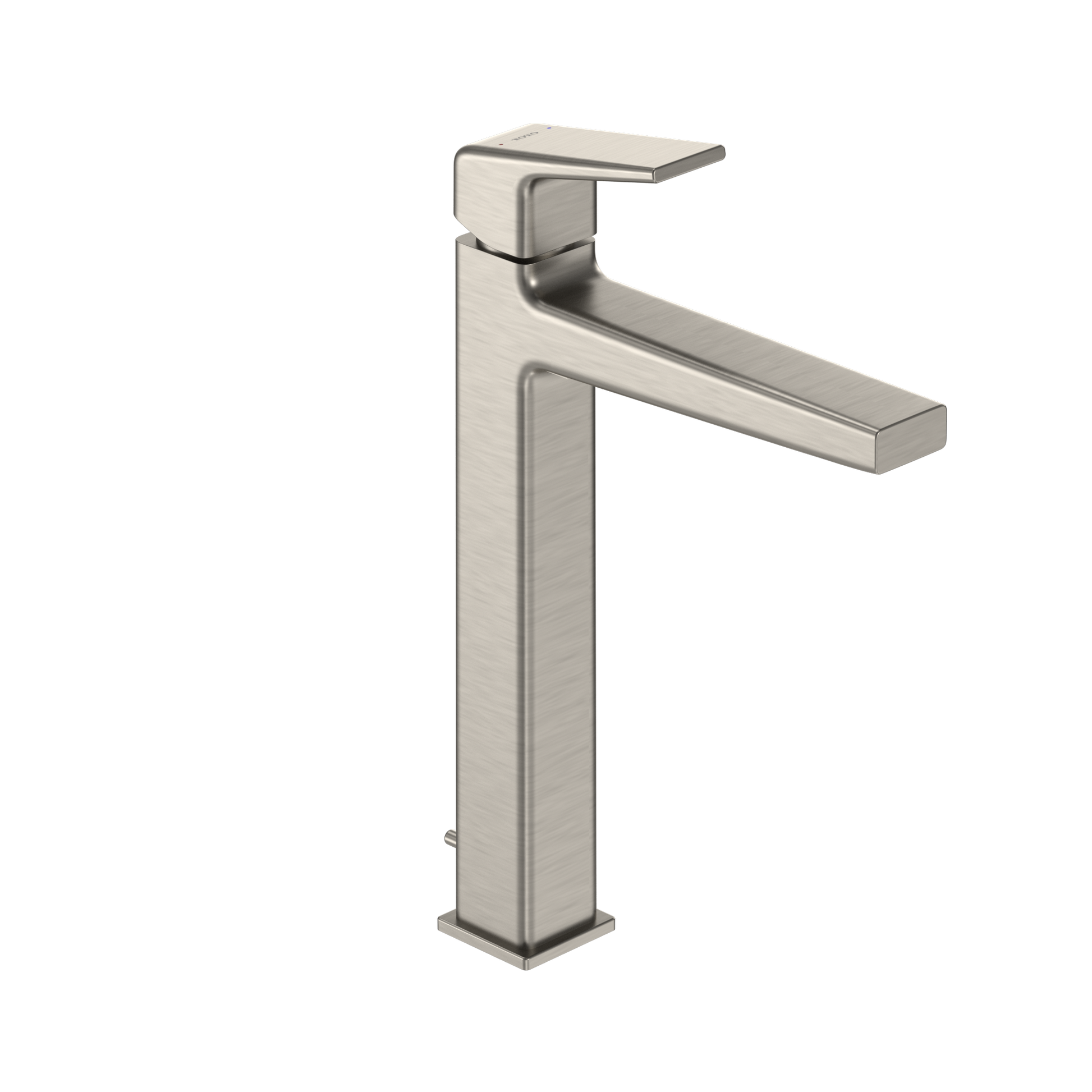 Brushed nickel single-handle bathroom sink faucet with tall square body and curved spout.