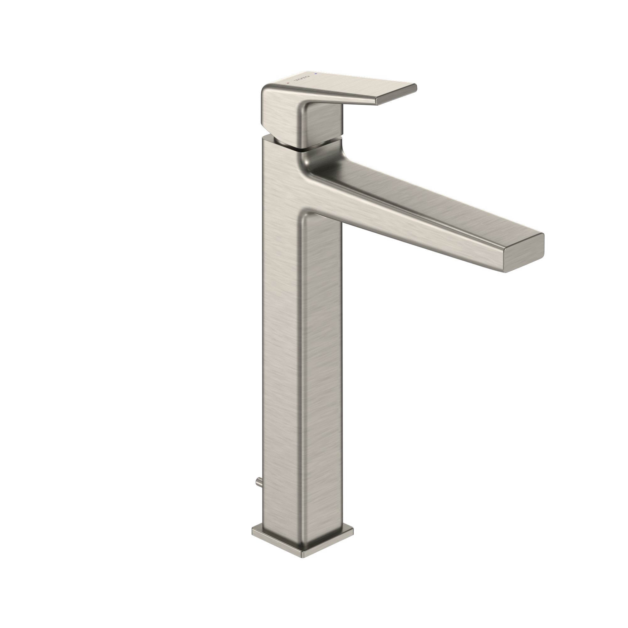 Brushed nickel single-handle bathroom sink faucet with tall square body and curved spout.