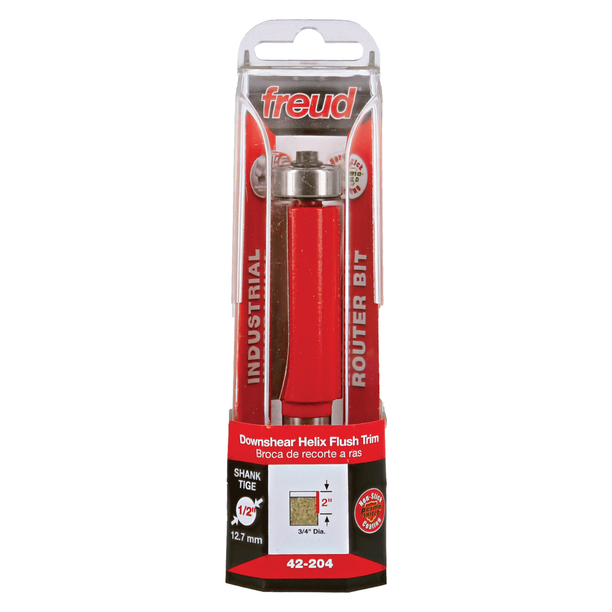 Freud 42-204 downshear helix flush trim router bit with red body, 3/4" diameter, 1/2" shank in clear package.