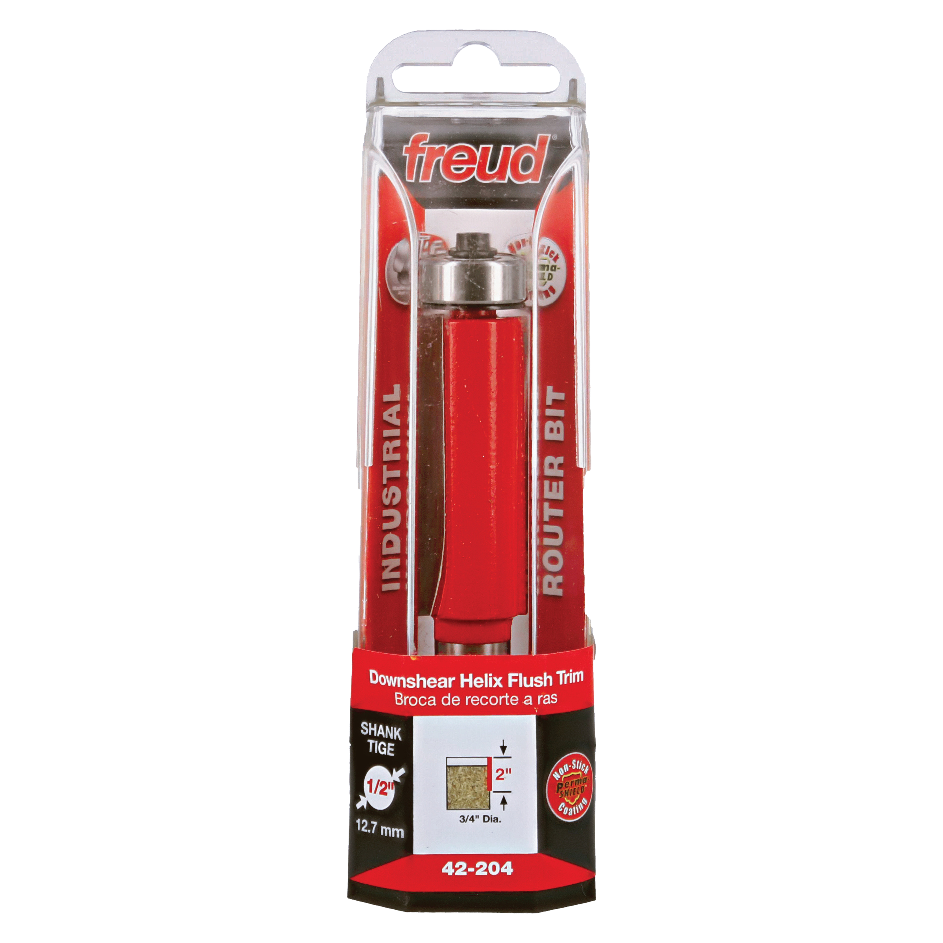 Freud 42-204 downshear helix flush trim router bit with red body, 3/4" diameter, 1/2" shank in clear package.