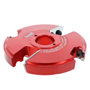 Red router cutter head with central bore and four carbide inserts mounted on sides.