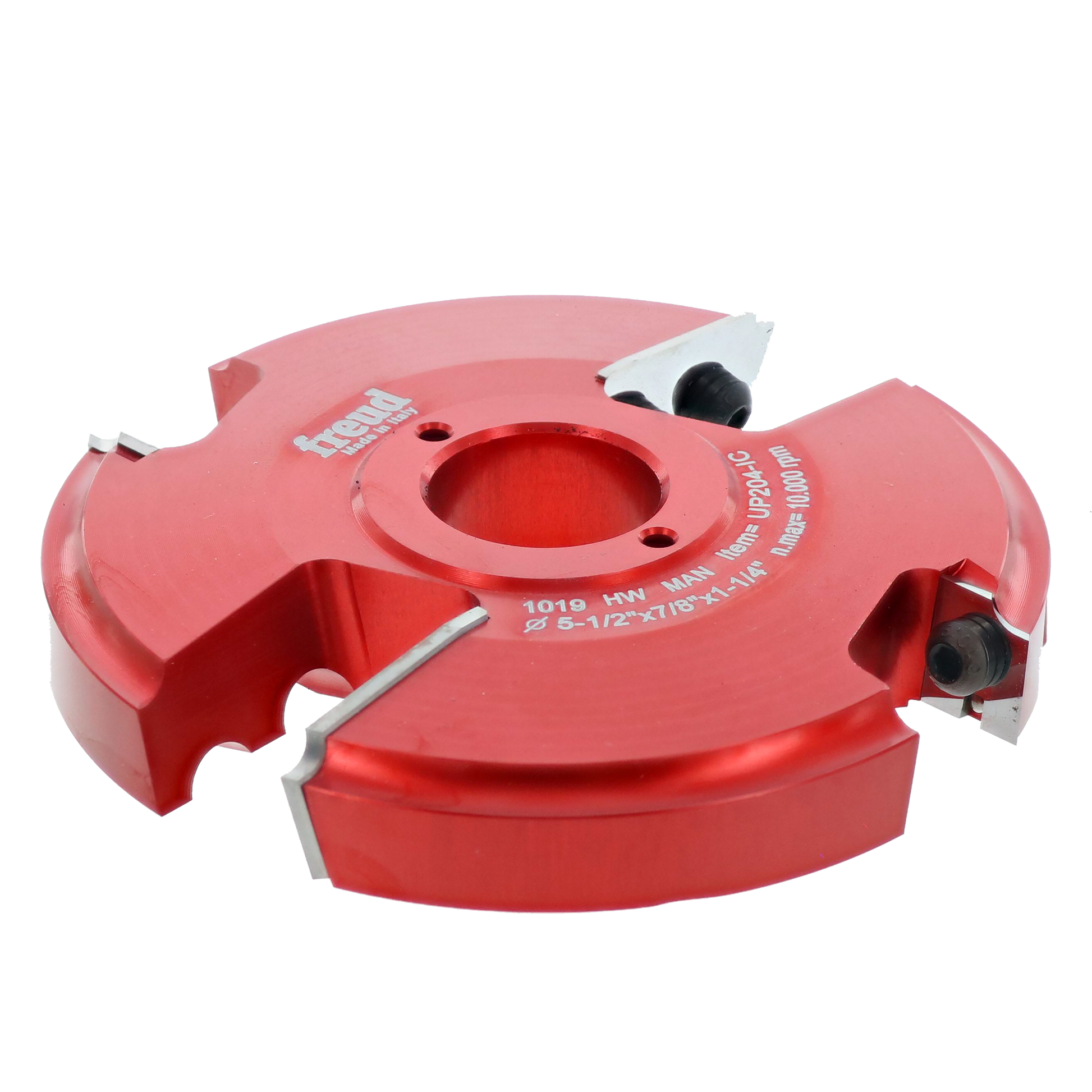 Red router cutter head with central bore and four carbide inserts mounted on sides.