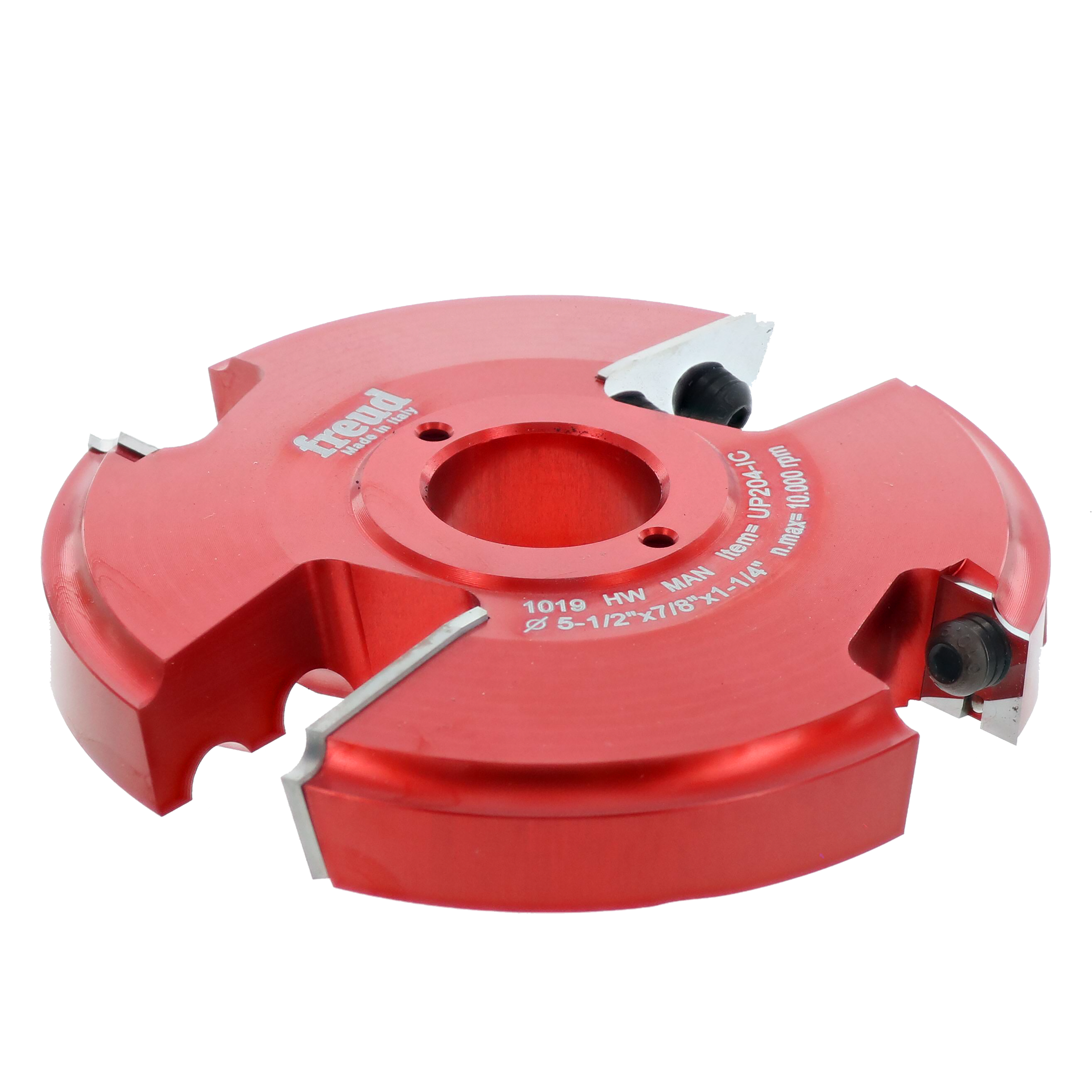 Red router cutter head with central bore and four carbide inserts mounted on sides.