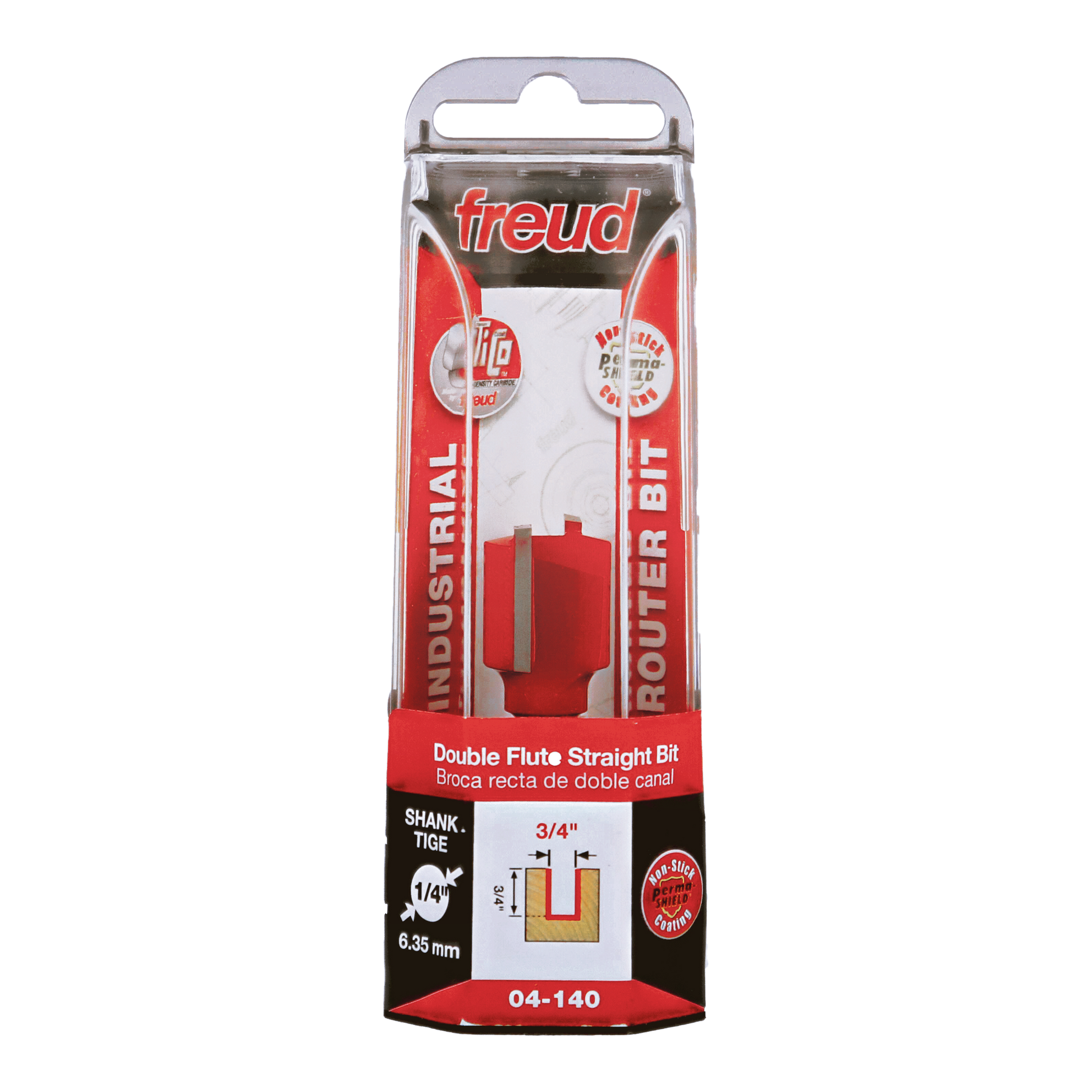 Freud 04-140 double flute straight router bit with 3/4" diameter and 1/4" shank in clear plastic clamshell packaging.