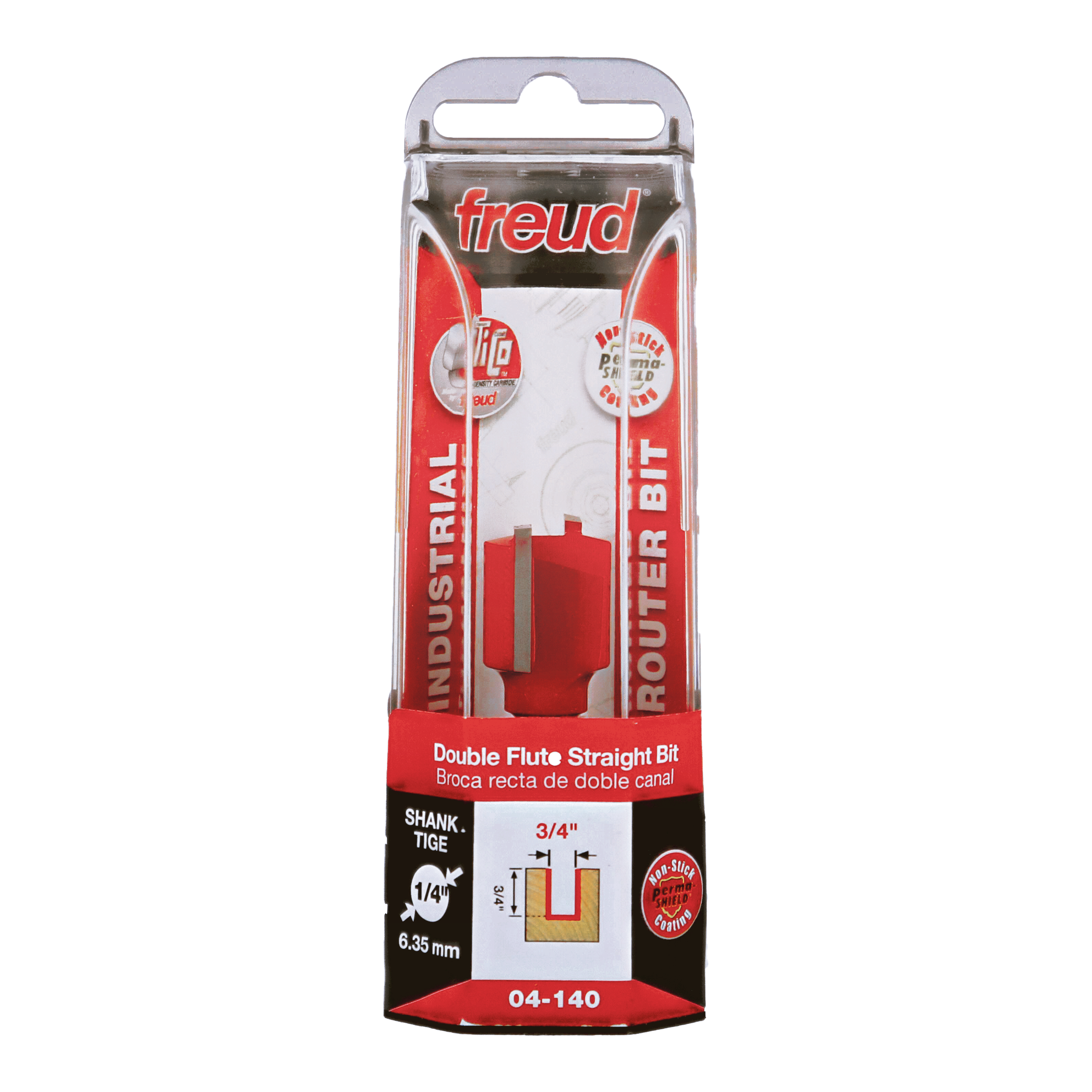 Freud 04-140 double flute straight router bit with 3/4" diameter and 1/4" shank in clear plastic clamshell packaging.