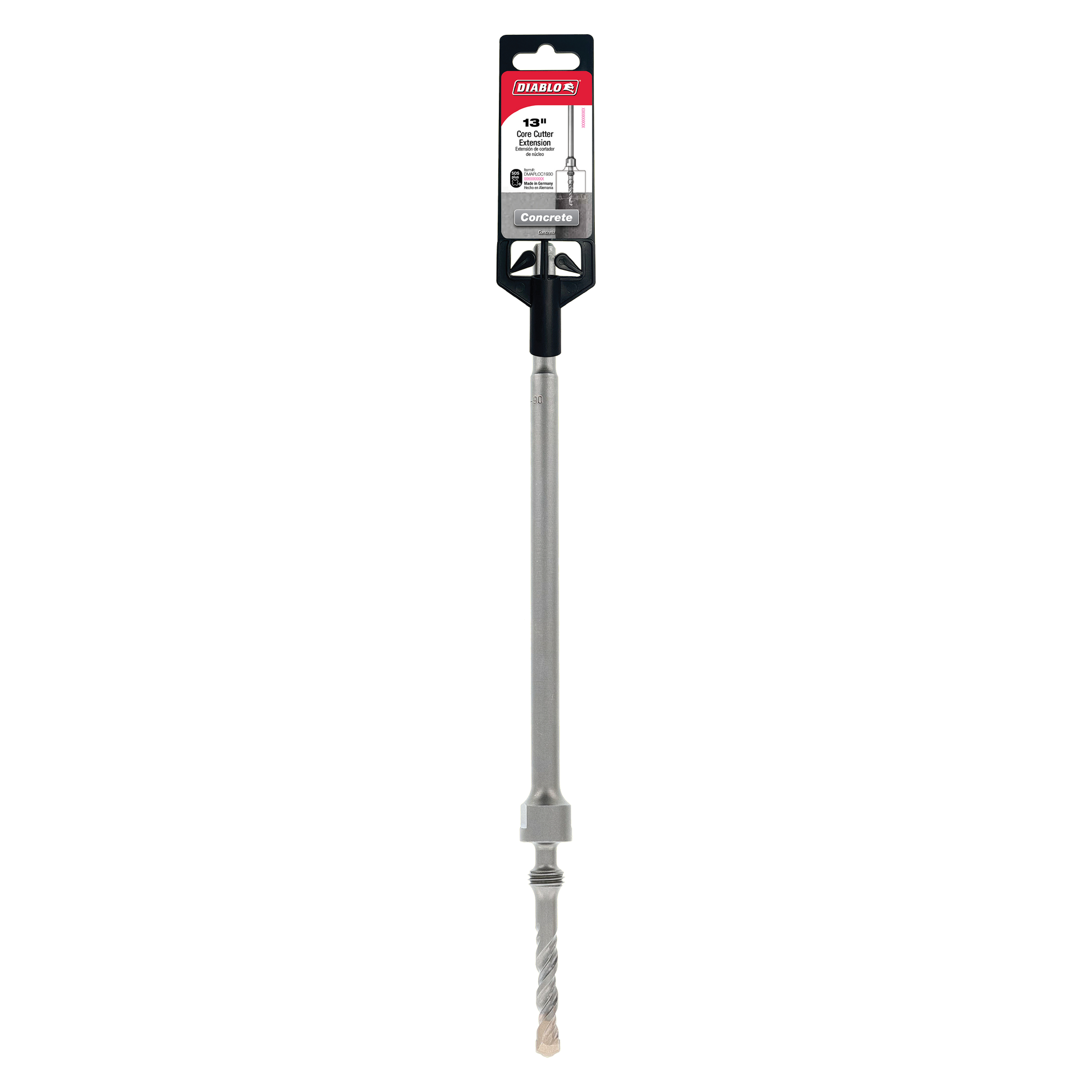 13-inch SDS-Plus core bit extension with black grip handle and metal shaft for concrete drilling.