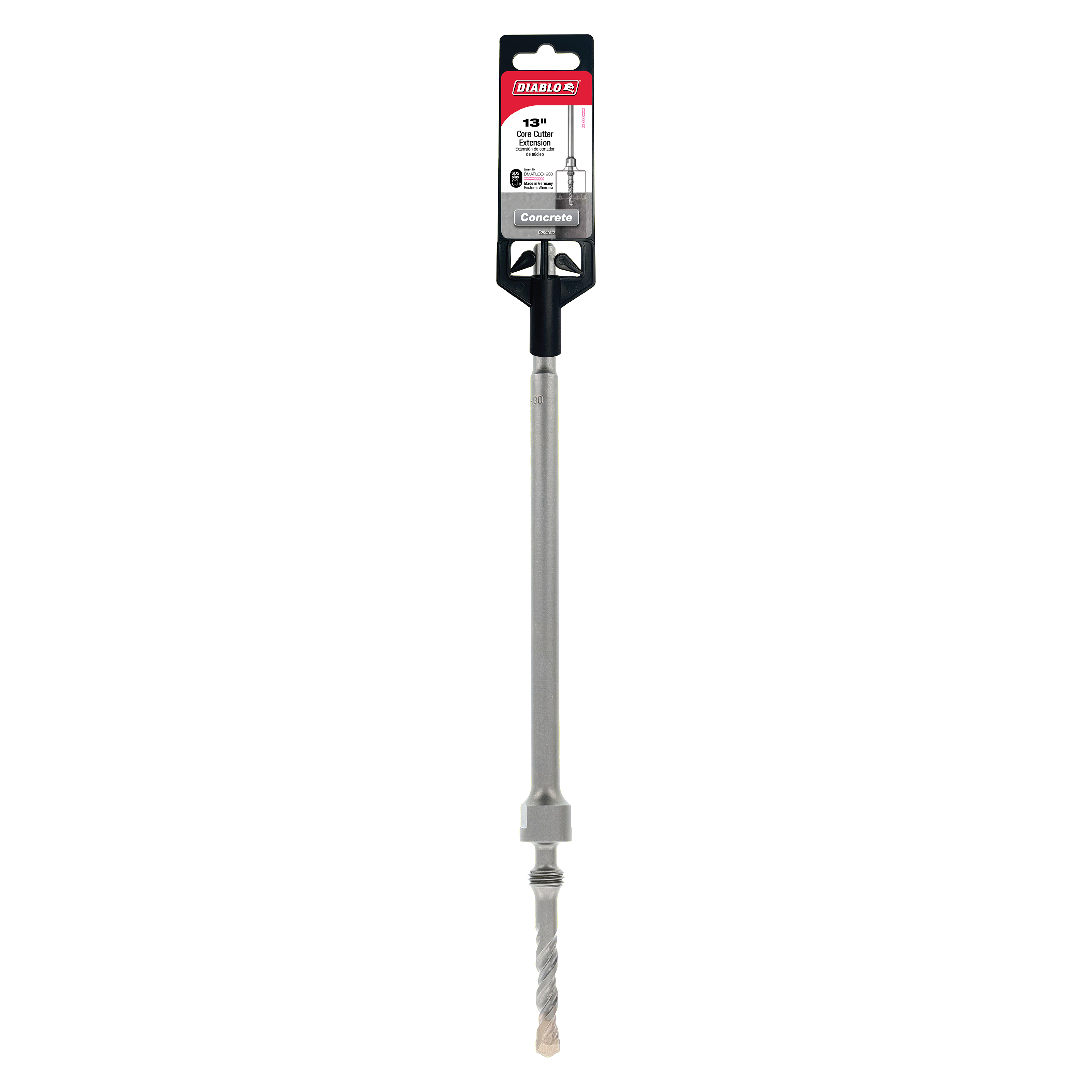 13-inch SDS-Plus core bit extension with black grip handle and metal shaft for concrete drilling.